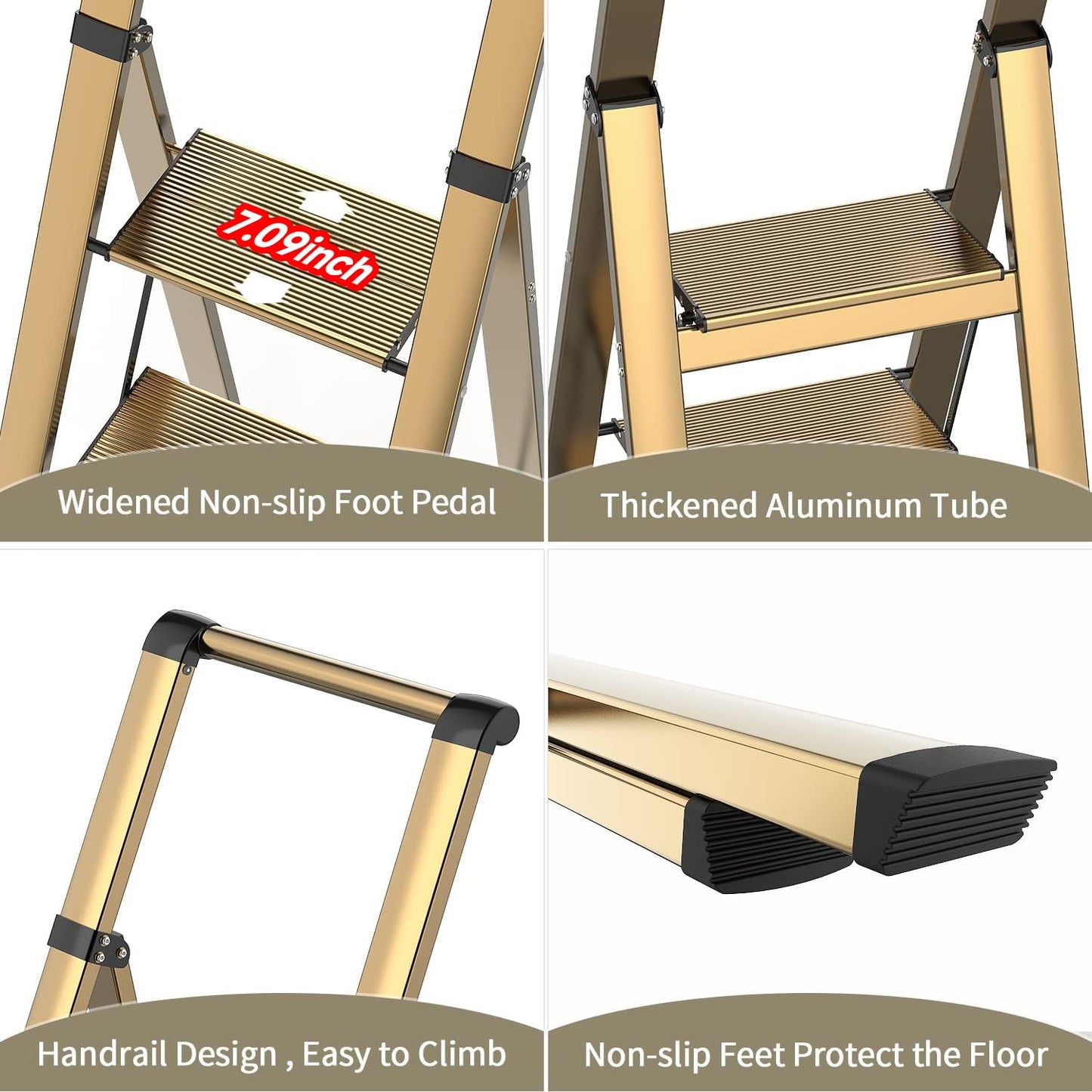 SOLADDER 4 Step Ladder, Folding Step Stool with Anti-Slip Wide Sturdy Pedal and Handgrip, Portable Lightweight Aluminum Stepladder, 300 lbs Capacity, Multi-Use for Home, Library - Brown Gold