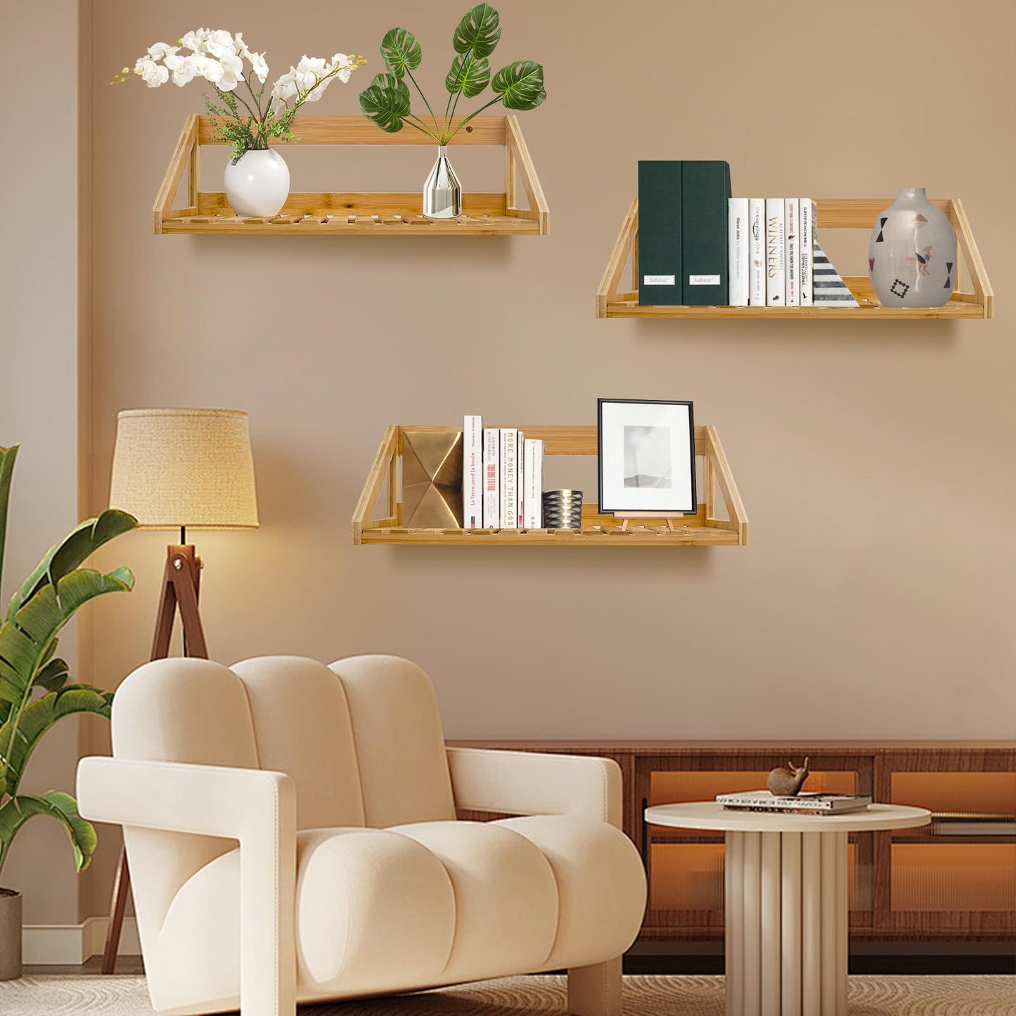 ONEHAUS Floating Shelves Wall Mounted, 3 Pcs Solid Bamboo Wall Hanging Rack Holder, Wall Storage Shelves for Bedroom, Living Room, Bathroom, Kitchen, Office Decor