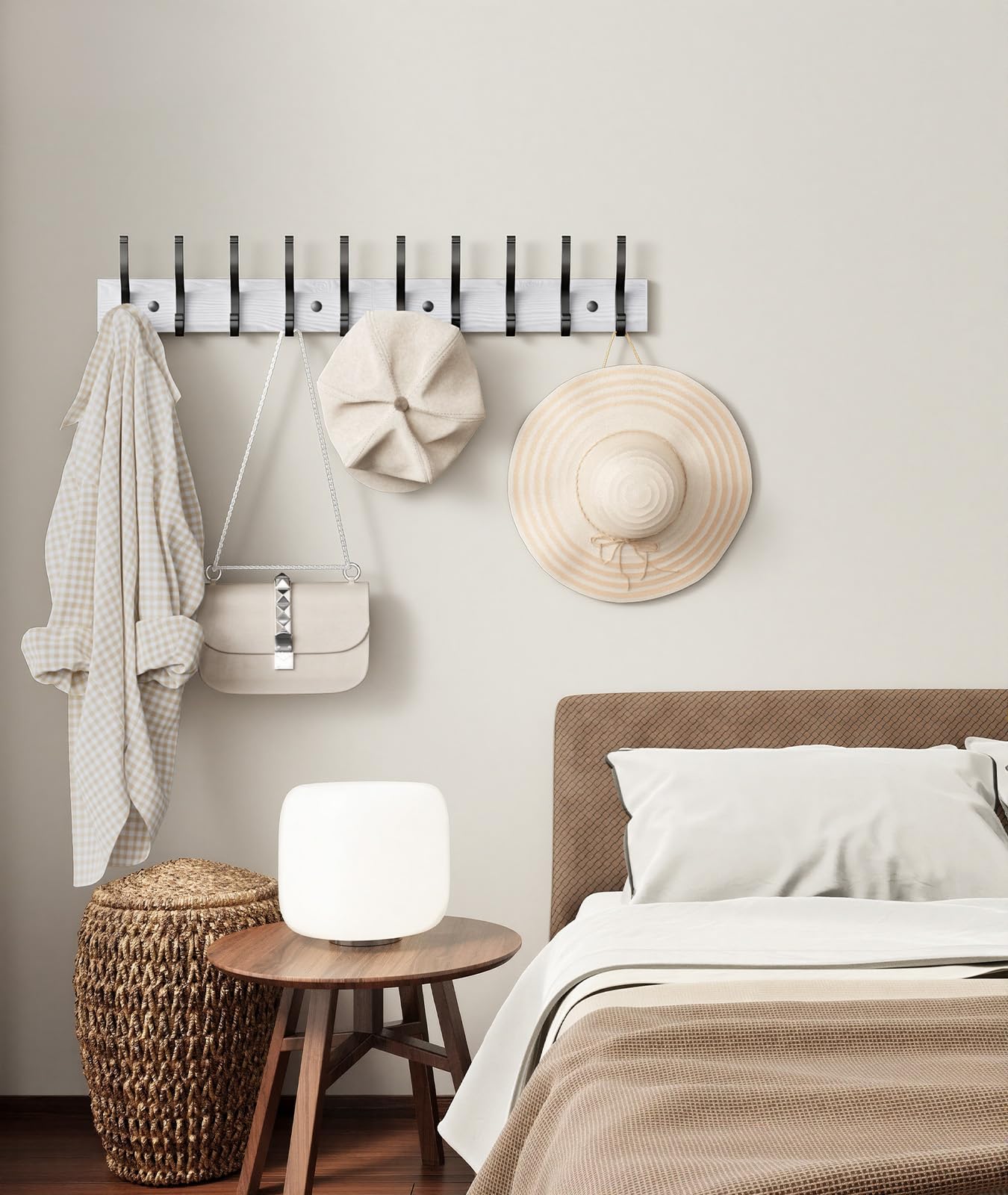 Optish 2 Pack Wooden Coat Rack Wall Mount, 16.1" Rustic Coat Hanger Hooks with 10 Double Hooks, Wall Coat Rack for Hat, Clothes, Bags, Jacket, Brown, White