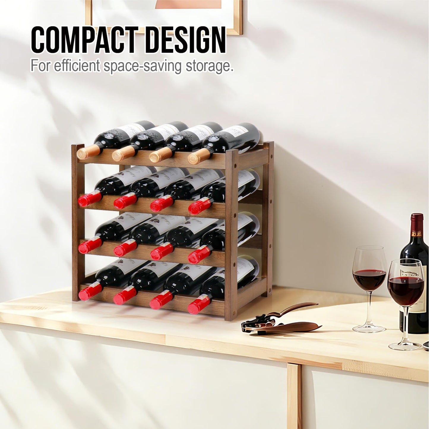 Thalomely Bamboo Wine Rack, 4-Tier 16 Bottles Wine Storage Cabinet Shelf, Easy-Assembly Freestanding Bamboo Wine Racks Countertop for Kitchen Pantry Dining Room Bar, Walnut
