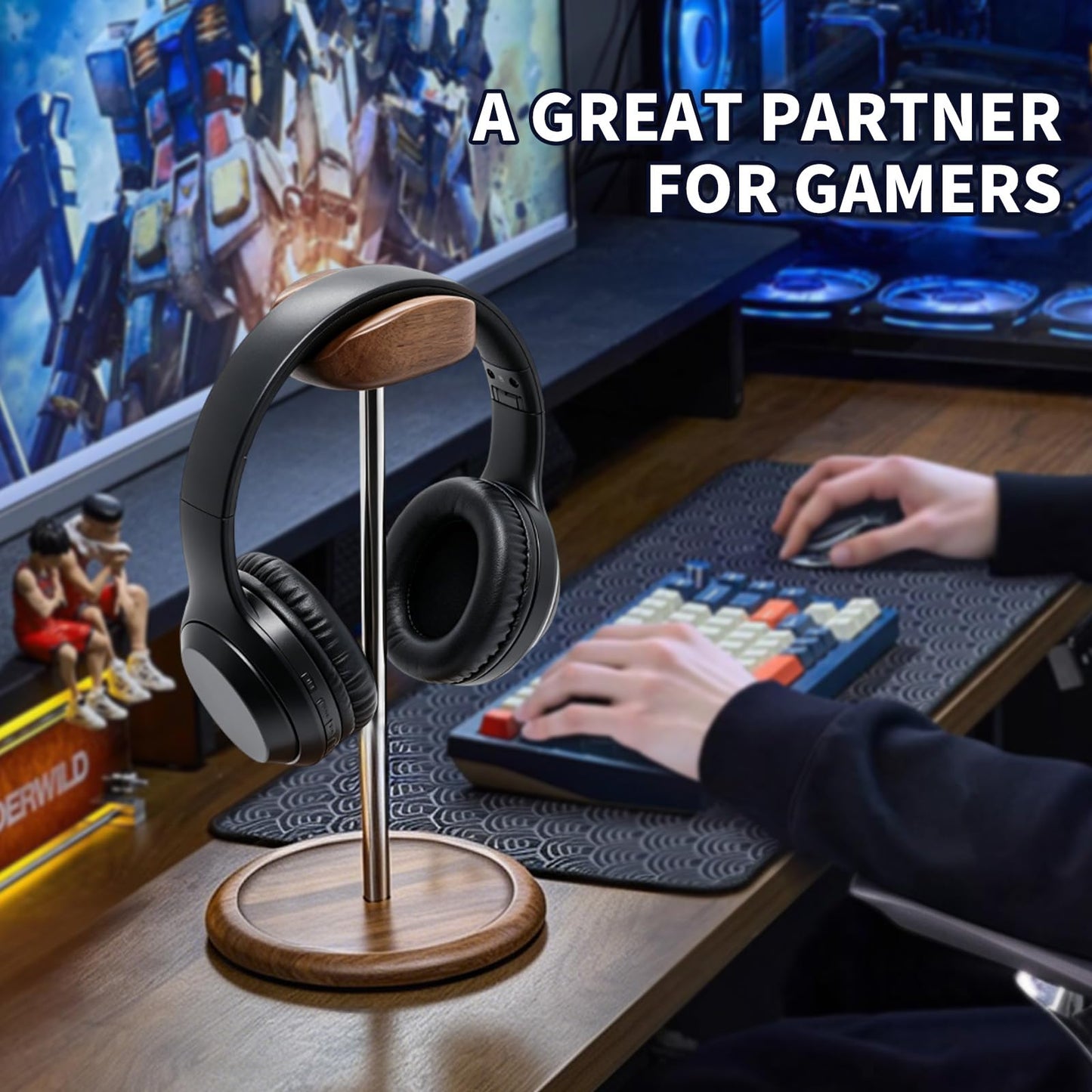 Oxmidud Headset Stand for Desk, Walnut Wood & Stainless Steel Universal Wooden Headphone Holder with Storage Base, Gaming Equipment Accessories, Desk Organizer, Gifts for Gamers Men Boyfriend