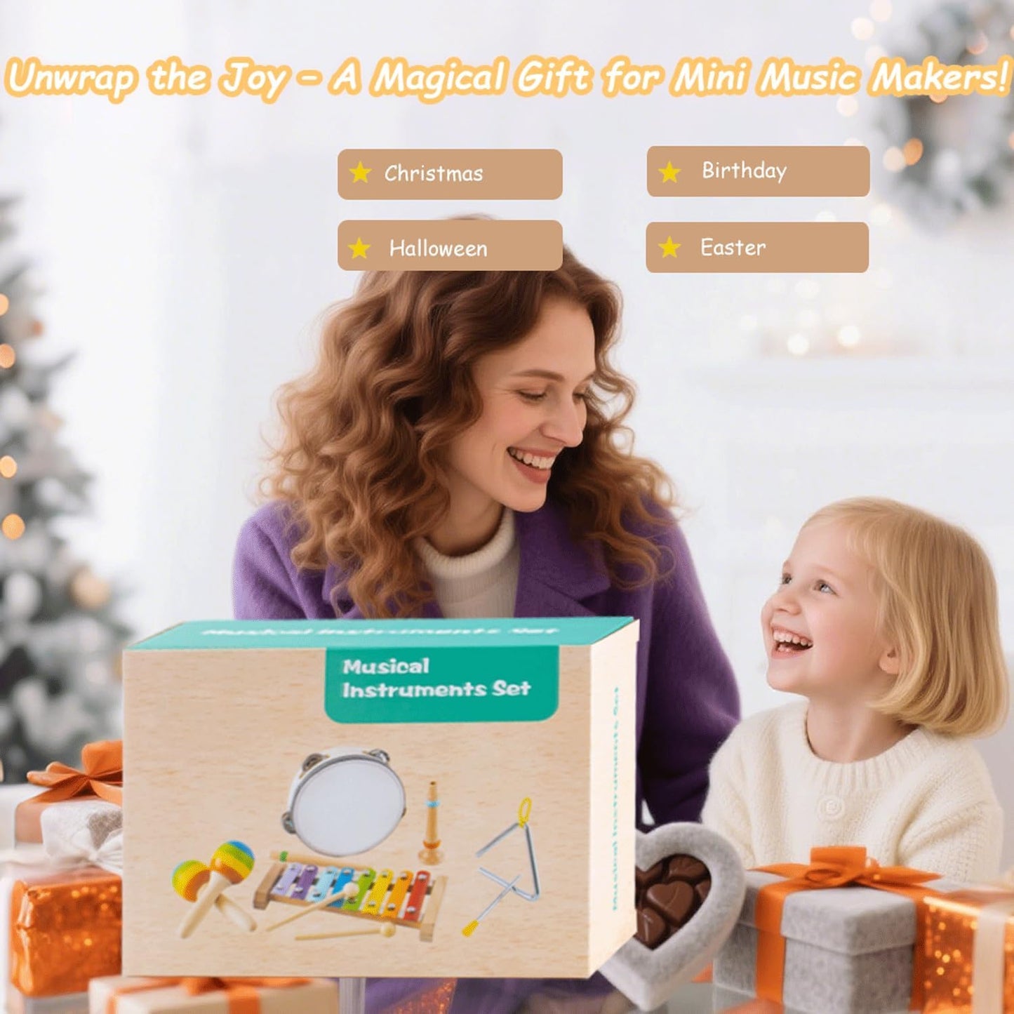 Montessori Wooden Musical Instruments for Toddlers, Educational Baby Drum Set with Xylophone & Maracas and More, Music Toys for Toddler Preschool