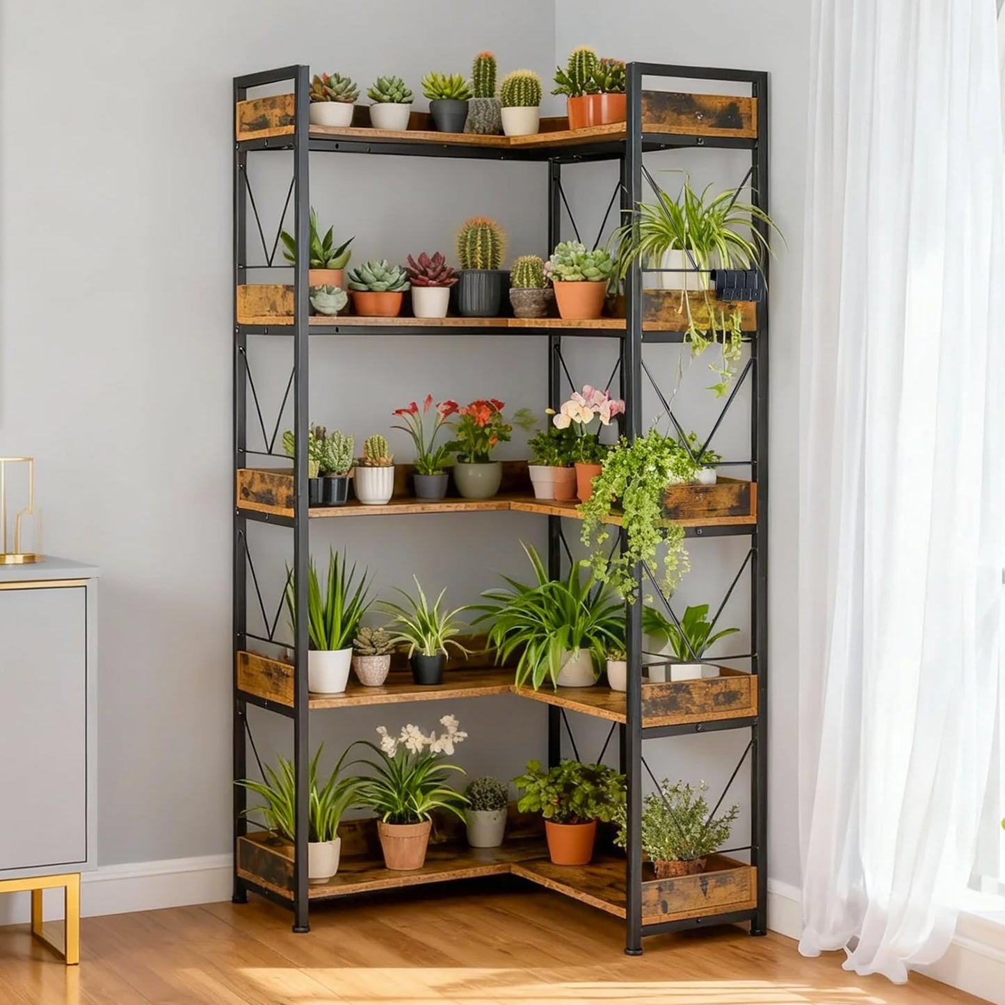 DUMOS 65 inch L Shaped Bookshelf, 5 Tier Corner Bookcase with Hooks and Edge, Industrial Pantry Shelves with Metal Frame, Wooden Open Storage for Living Room, Home Office, Bedroom, Rustic Brown