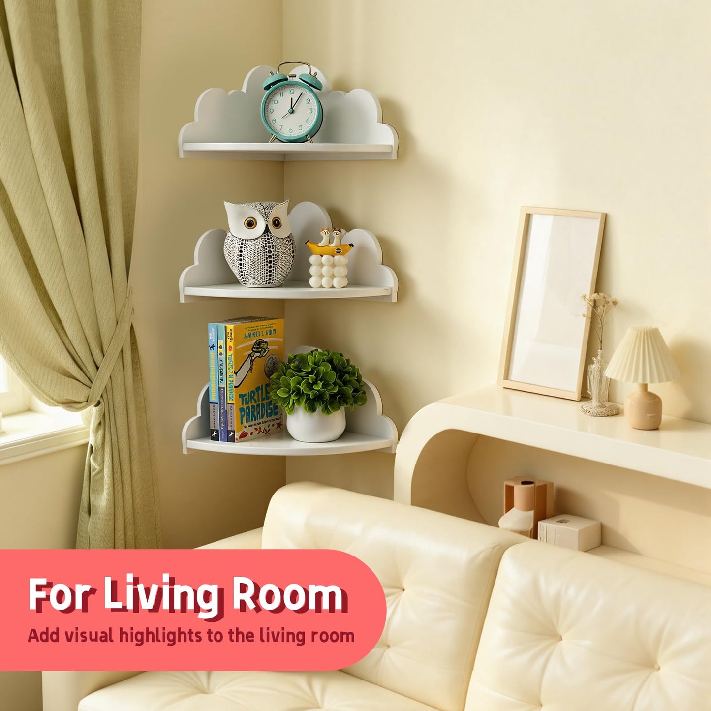 Conamily Cloud Corner Floating Shelves,Set of 3 White Corner Wall Shelf Floating Wooden Cute Wall Mounted Shelves Clouds Dispaly Shelf for Kid’s Room,Toys, Plants & Storage