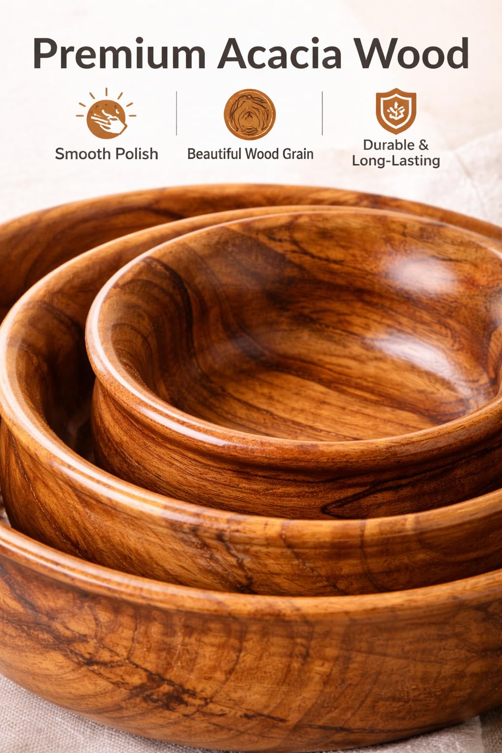 AYANSHITIK Acacia Wood Serving Bowls Set of 3 (4, 6 and 8 Inch), 100% Solid Natural Acacia, Smooth Polished Finish round, for Snack, Salad, and Fruit