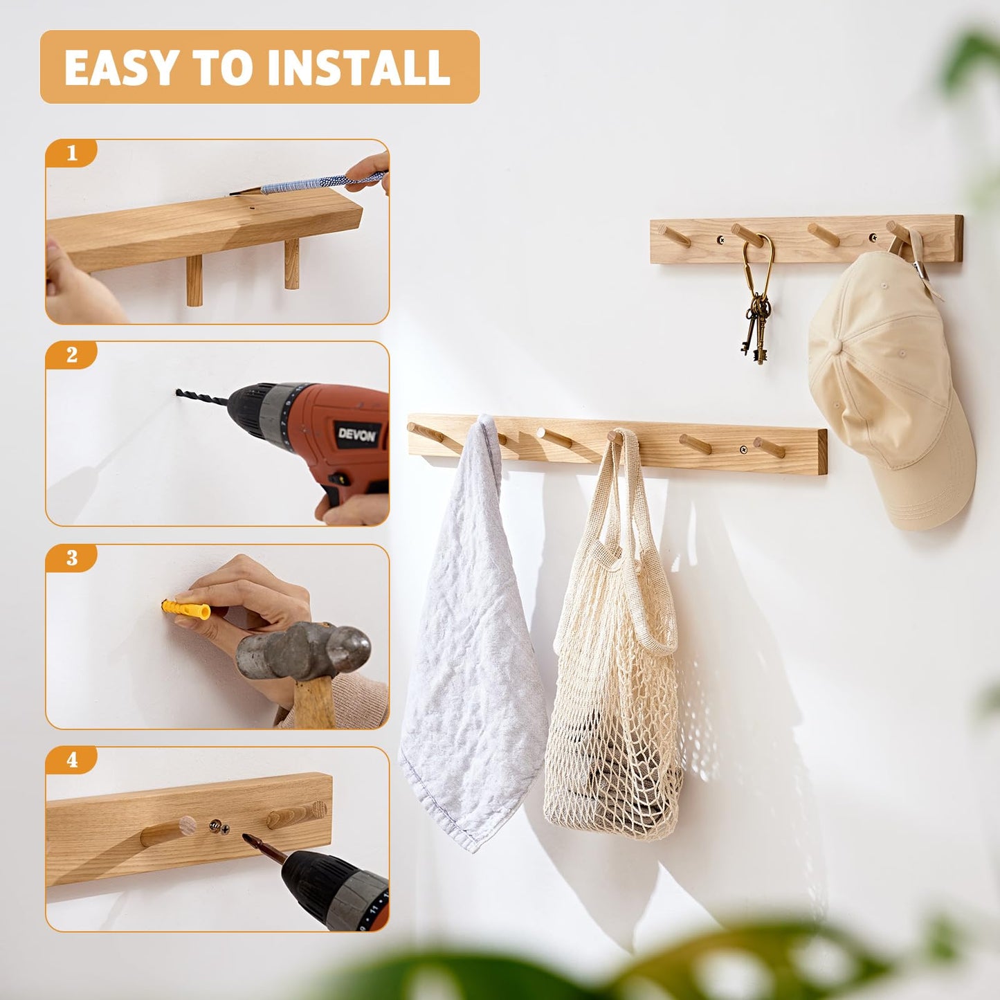 Wall Mounted Coat Rack 24 inches, Hickory Wood Wall Coat Hooks with 6 Hooks, Wooden Coat Hanger for Hanging Clothes Robes Towels Hats, Natural