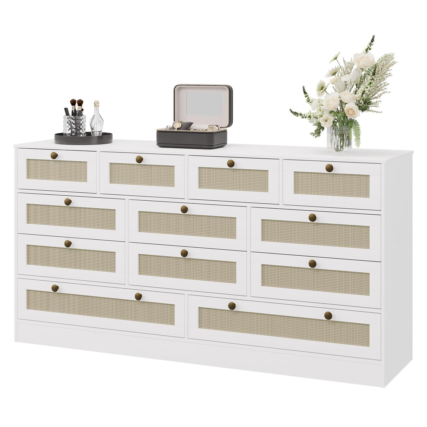 GarveeHome 12 Drawer Wooden Dresser for Bedroom, Rattan Chest of Drawers for Closet, Living Room, Hallway, 61 Inch Wood Wide TV Stand Dressers for 65 Inch TV, Modern Dresser for Adult Room