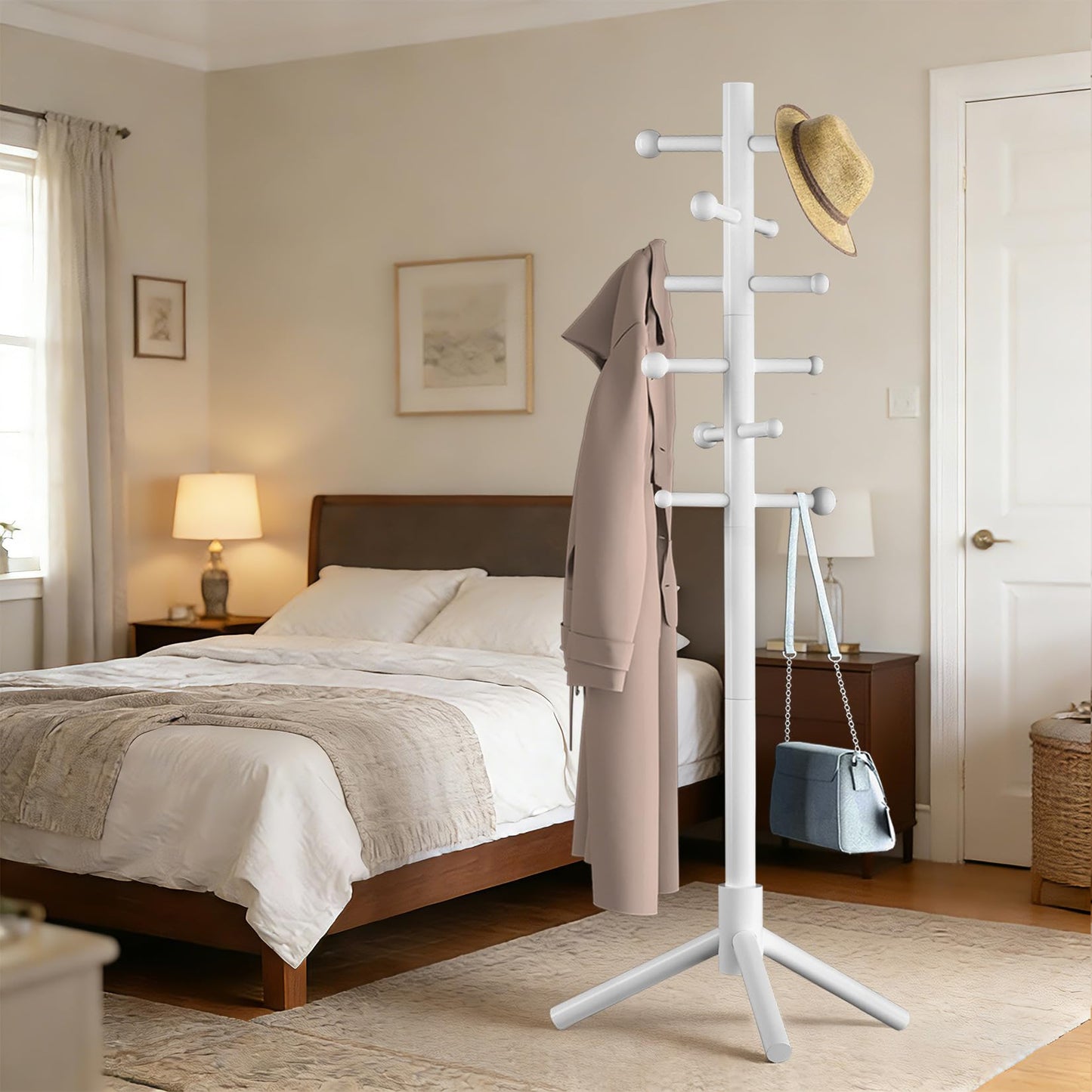 ACIPENSER Wooden Coat Rack Freestanding with 12 Hooks 3 Adjustable Heights,Standing Coat Rack Tree for Hat and Coat Rack for Small Spaces Entryway,Office,Bedroom,White