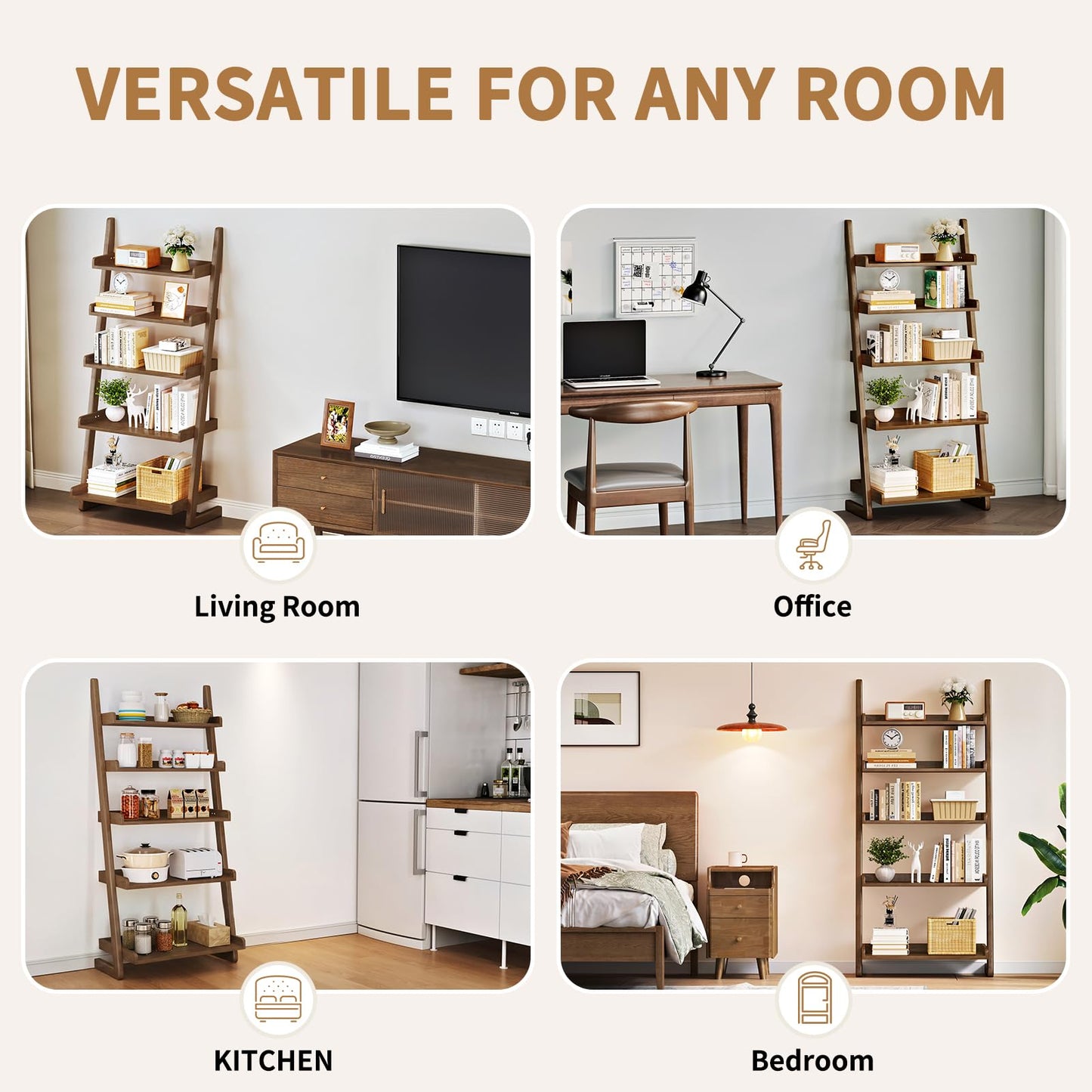 Uniclinens Walnut Wooden Ladder Shelf, 5-Tier Leaning Bookshelf, Ladder Bookshelf for Compact Spaces, Leaning Bookcase for Living Room, Bedroom, Home Office,(23.6''Dx15.7''Wx55.1''H)