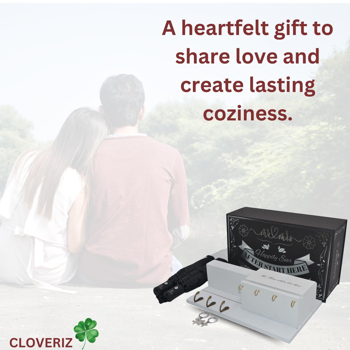 CLOVERIZ Wedding Gift Set – Mr & Mrs Key Holder with Umbrellas & Keychains – Unique Couple Housewarming Present