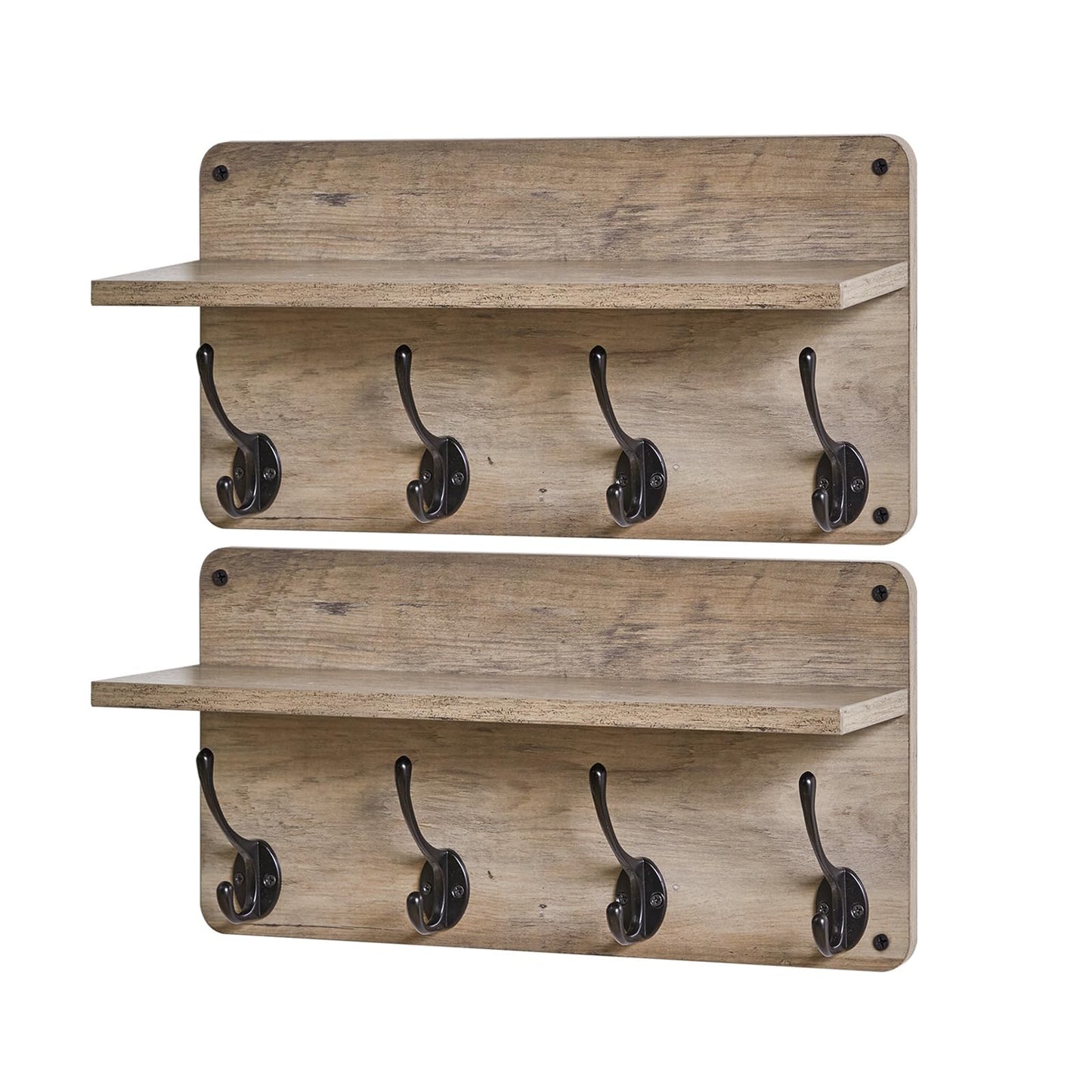 YMYNY Coat Rack Shelf Wall Mounted, Wooden Coat Hooks Set of 2, Entryway Coat Hanger with 8 Hooks,31.5''L Floating Shelves, Key Holder, for Bedroom, Bathroom, Living Room, Silver Gray UHWS006Y-2