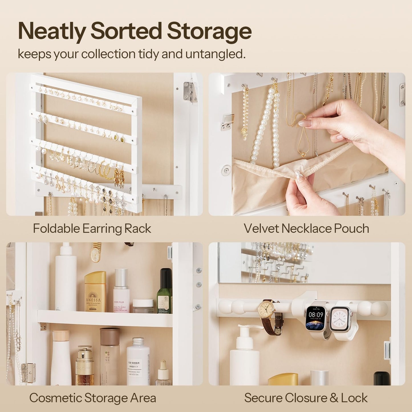HOOBRO Jewelry Box for Women and Wide Jewelry Cabinet, Jewelry Organizer Box, LED Jewelry Organizer Wall/Door Mounted, 6-Tier Wooden Jewelry Box, Hanging Jewelry Cabinet Mirror, BH12JB04-WT03JC04