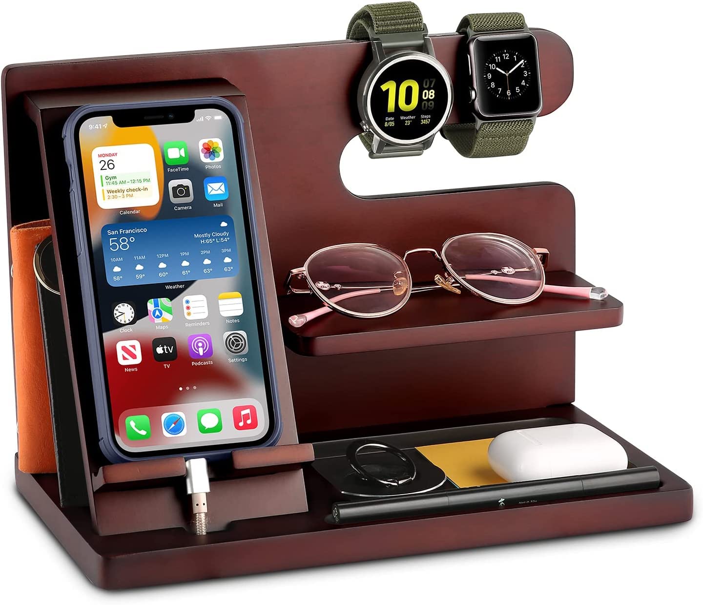 OUTXE Wood Phone Docking Station, Men Gifts Nightstand Organizer for Phone, Keys, Wallet, Glasses, Gifts for Dad's Birthday, Christmas, Father's Day, Anniversary