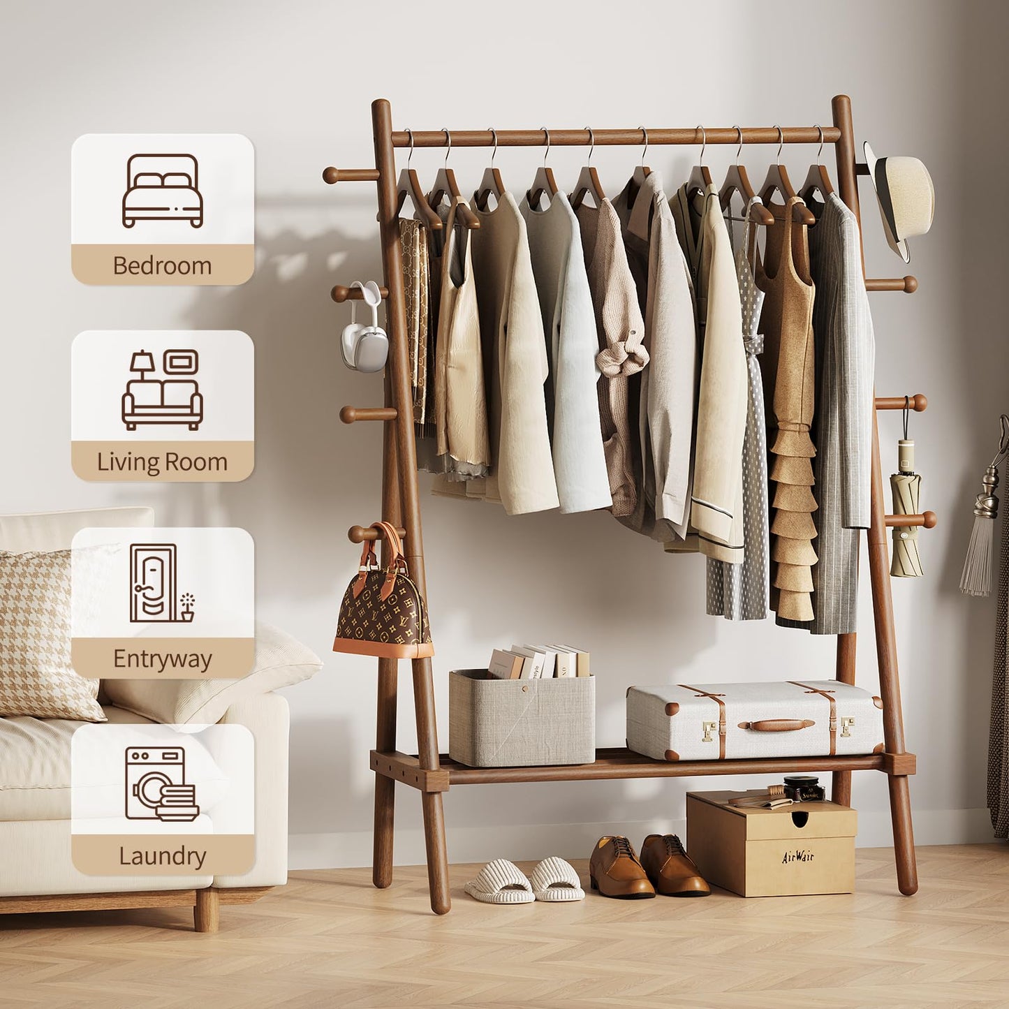 Yoobure Solid Wood Clothes Rack - Heavy Duty Clothing Racks for Hanging Clothes with 8 Hooks, Portable Garment Rack for Dress Shirt Shoe, Freestanding Wardrobe Coat Racks with Shelf for Closet Bedroom
