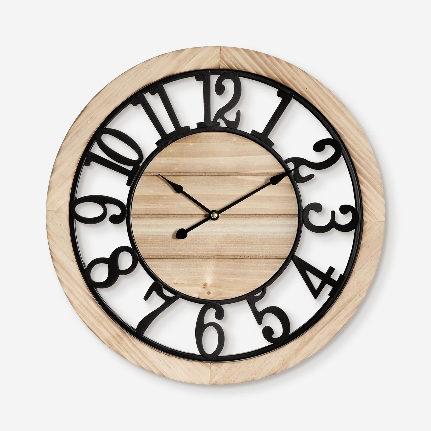 Maxstar 16'' Wall Clock for Living Room Decor, Ultra-Silent Rustic Wooden Farmhouse Wall Clock with Metal & Real Wood Frame, Battery Operated, for Kitchen Bedroom Office, Arabic Numerals