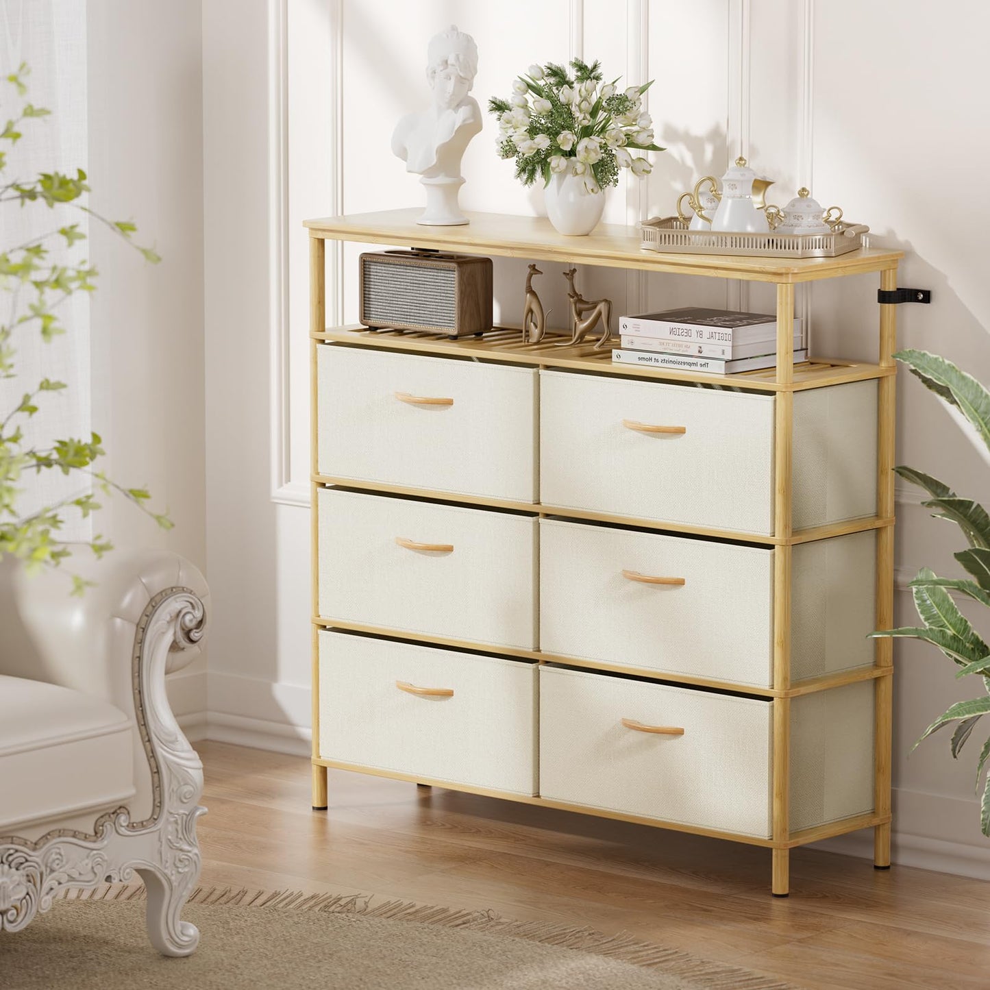EZ2LIVE Solid Wood Dresser, Dresser with 6 Drawers, Solid Bamboo Frame Paired with Fabric Storage Boxes, Large Capacity, Stable and Durable, Versatile Style, for Bedrooms, Living Rooms, and Hallways