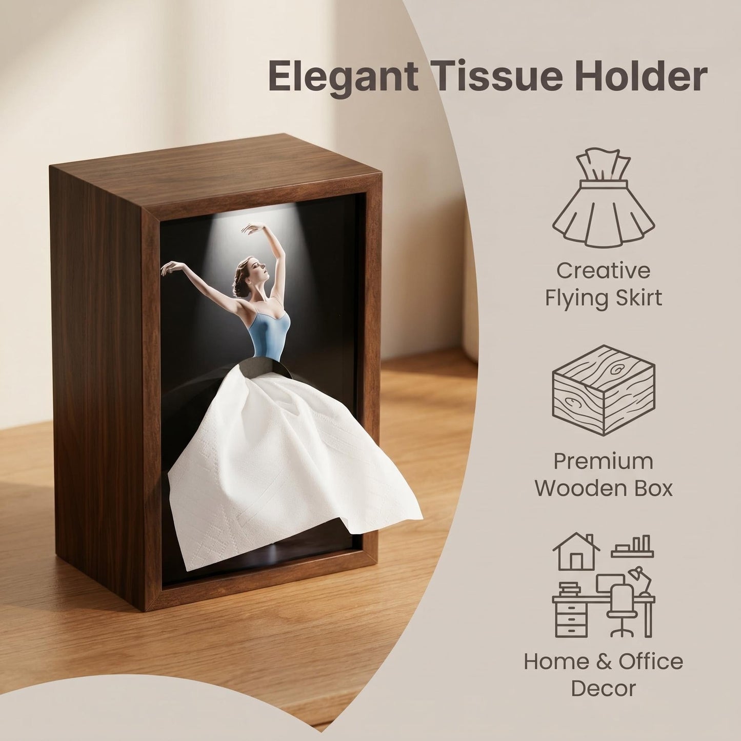 Ballerina Tissue Box – Elegant Wooden Ballet Girl Tissue Box Cover, Flying Skirt Tissue Holder for Home Office Bathroom Decor 