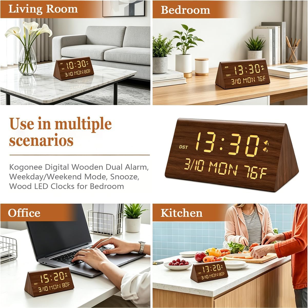 Kogonee Wooden Digital Alarm Clock, 0-100% Dimmer, 2 Alarm Settings, Weekday/Everyday Mode, 9 Mins Snooze, 12/24H, Temperature and Date Display for Office, Travel, Bedroom Alarm Clock (Brown)