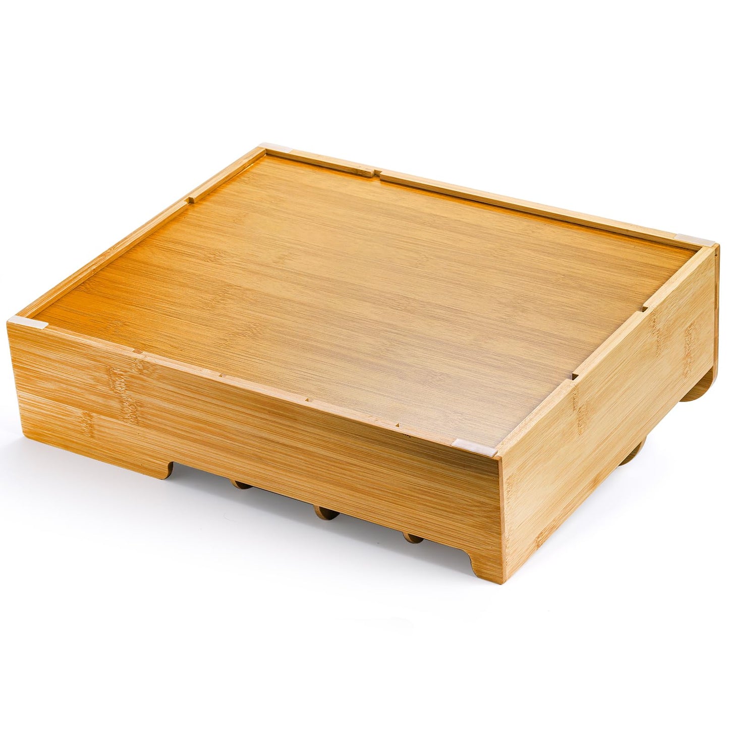 Frcctre Bamboo Utensil Caddy Organizer, 8 Compartments Large Paper Plate Holder, Adjustable Utensil Holder Silverware Cutlery Organizer for Plate Cup Fork Spoon Napkin, 16" L x 13" W x 5.5" H