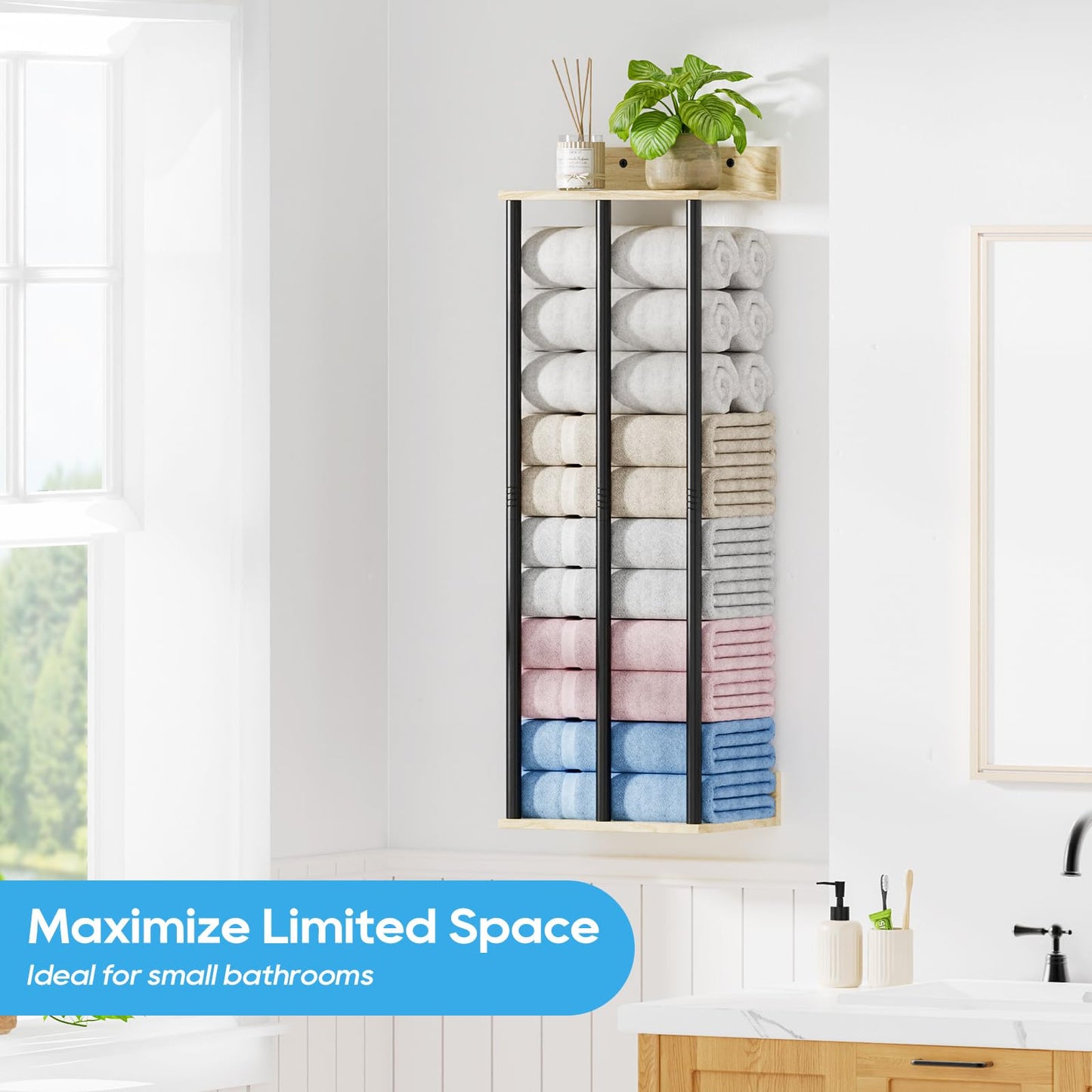 WeGXY Towel Racks for Bathroom Wall Mounted, 3 Bar Wall Towel Rack for Rolled Towels, Metal Towel Holder with Wooden Shelf, Sturdy and Large Capacity, Towel Storage Organizer
