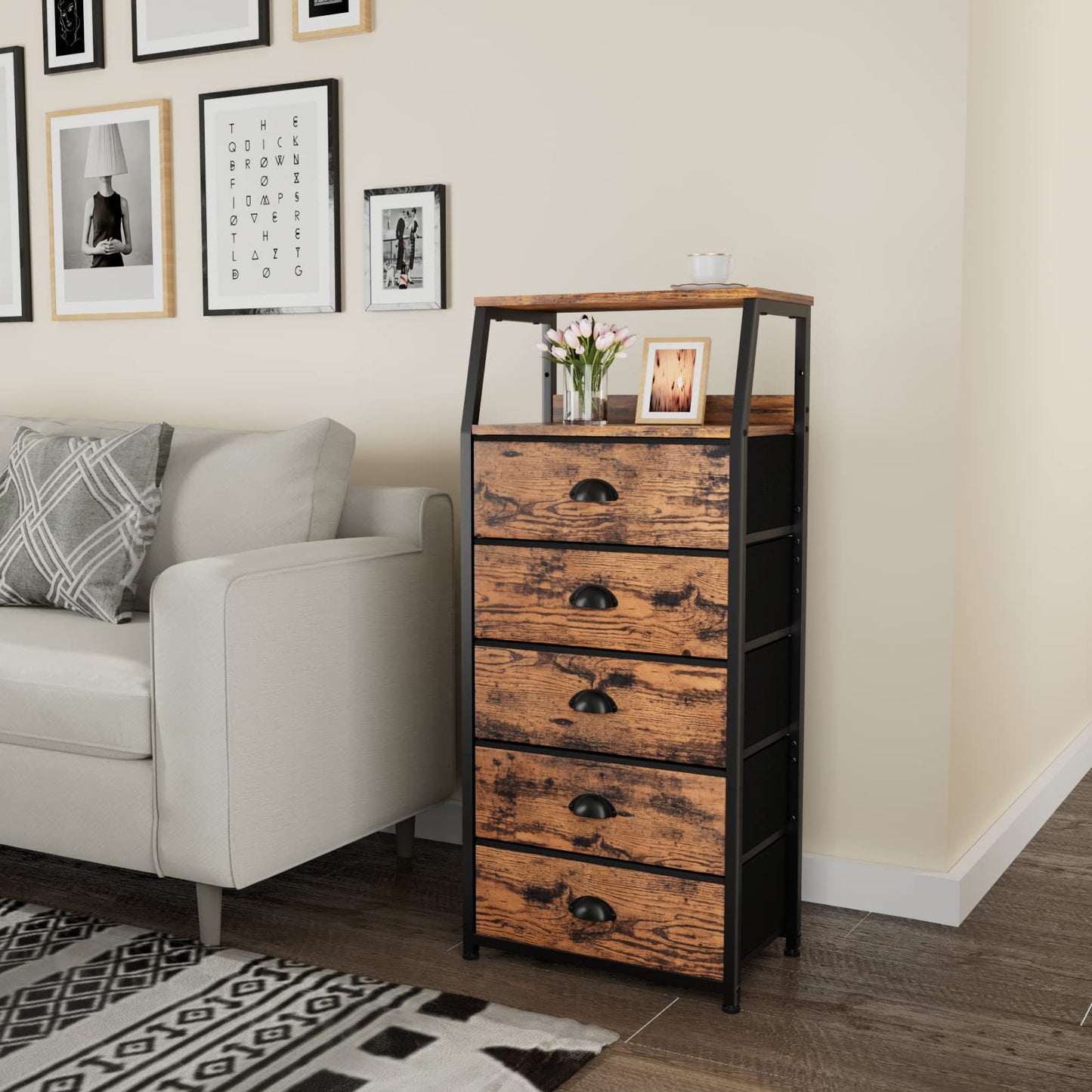Furnulem Dresser for Bedroom, 5 Drawers Tall Nightstand, Chest of Drawers