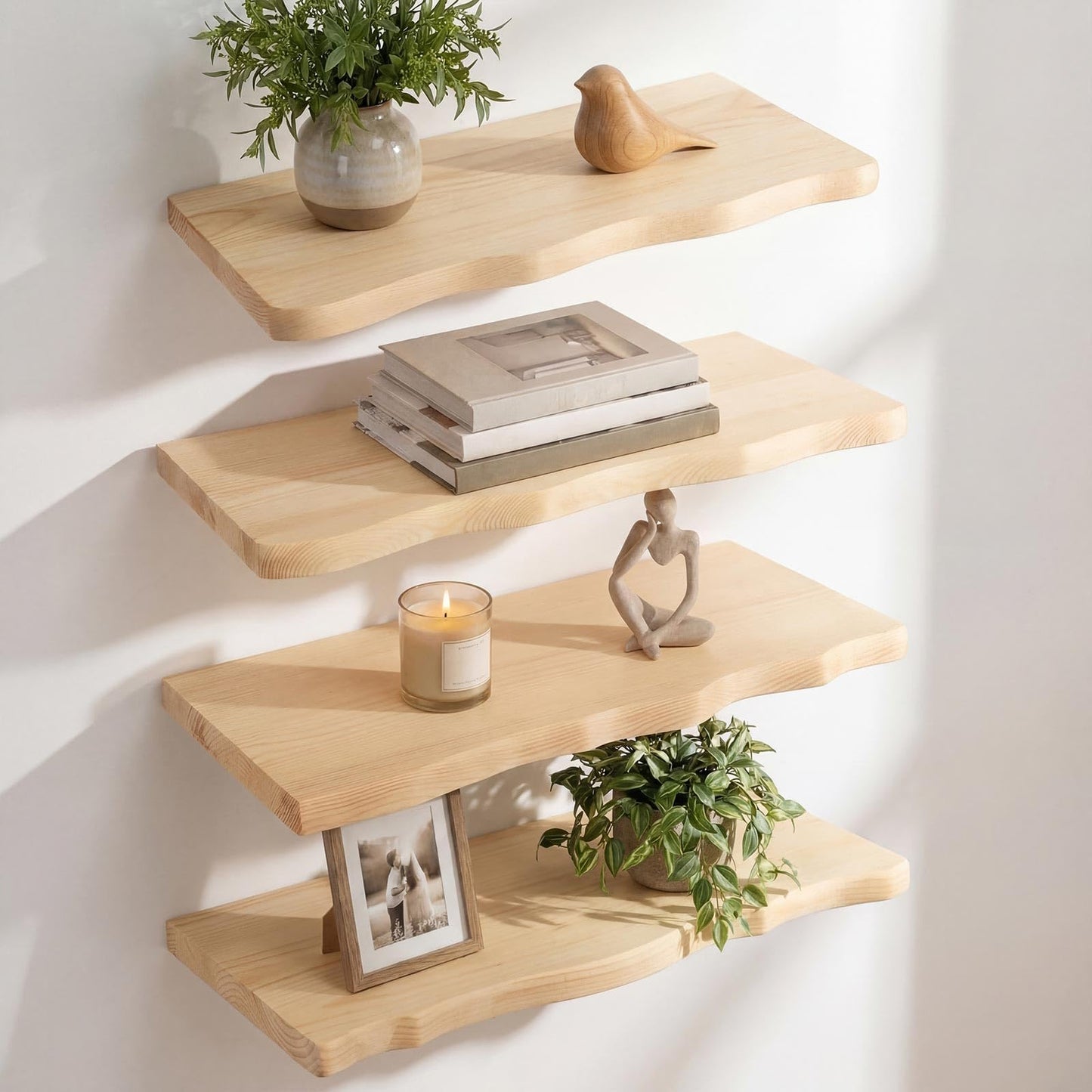 Pinkunn 4 Pcs Floating Shelves for Wall Rustic 15.75 Inches Wooden Floating Shelf Wooden Shelves Modern Farmhouse Decor for Bathroom Living Room Bedroom Kitchen Wall Mounted Live Edge Pine Shelf