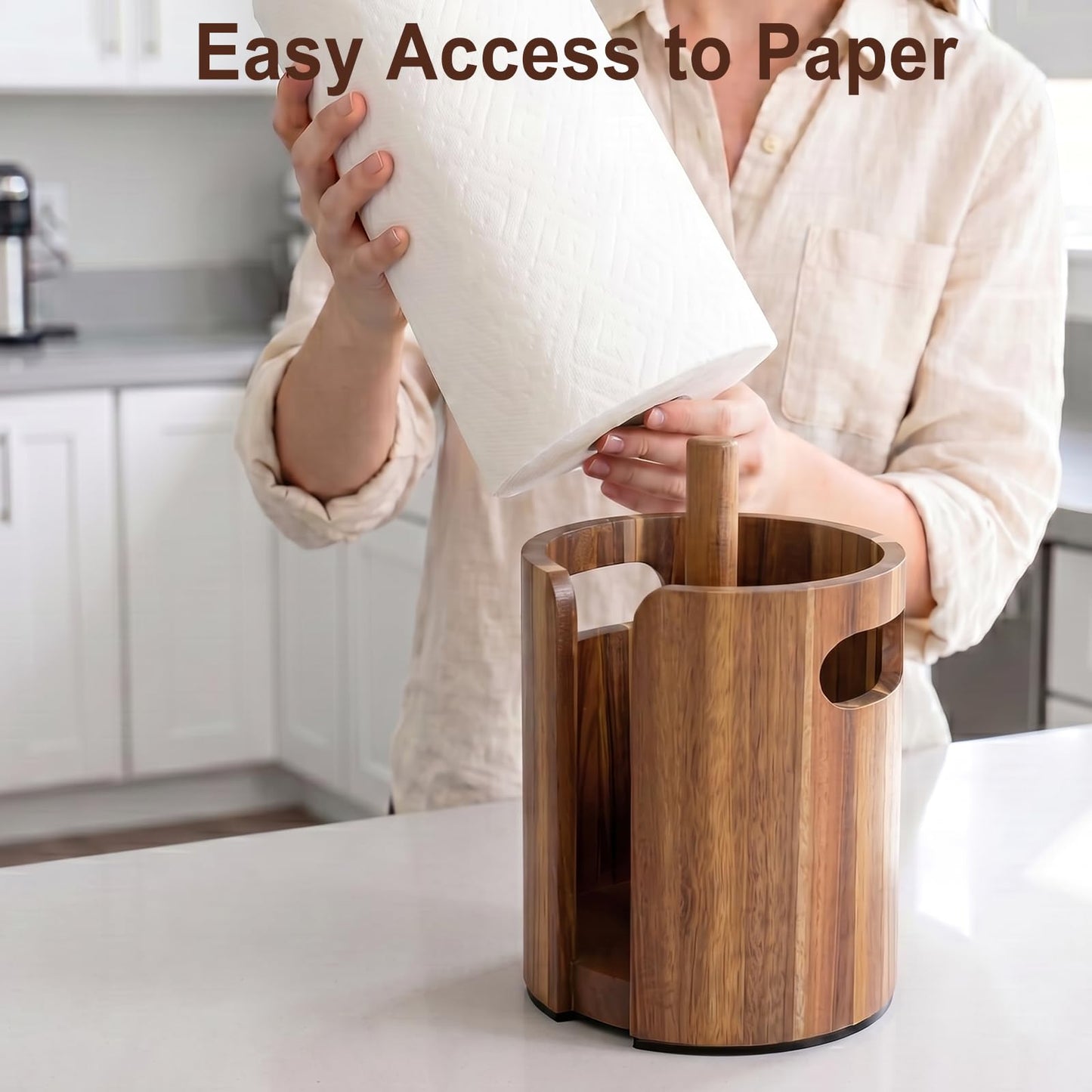 Premium Wood Paper Towel Holder for Kitchen Countertop, Acacia Wooden Kitchen Towel Holder with Splash Guard, Handles & Weighted Non-Slip Base, Home Decor Essentials, for Kitchen, Bathroom, Bar