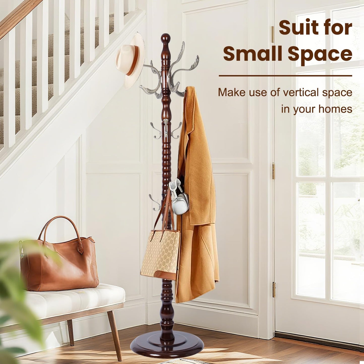 YFYUA Freestanding Coat Rack with 14 Hooks, Sturdy Wooden Hall Tree for Entryway, Heavy-Duty Disc Base,for Hanging Hats, Jackets, Bags, Easy Assembly for Bedroom, Hallway, Office