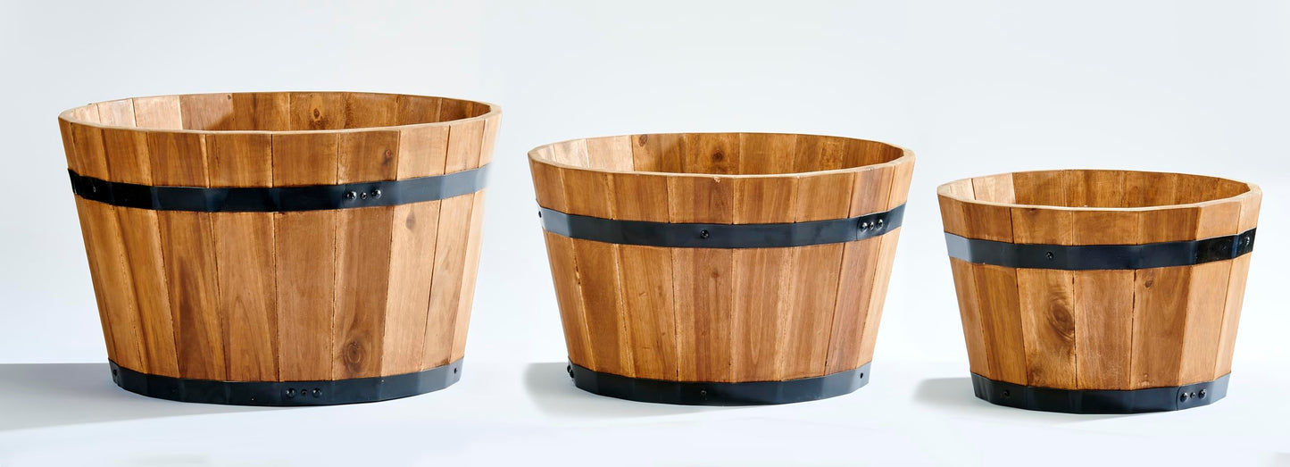 Worth Imports Nested Acacia Wood Barrel Planters, Light Brown, Set of 3, 11", 9.5", 8.5"