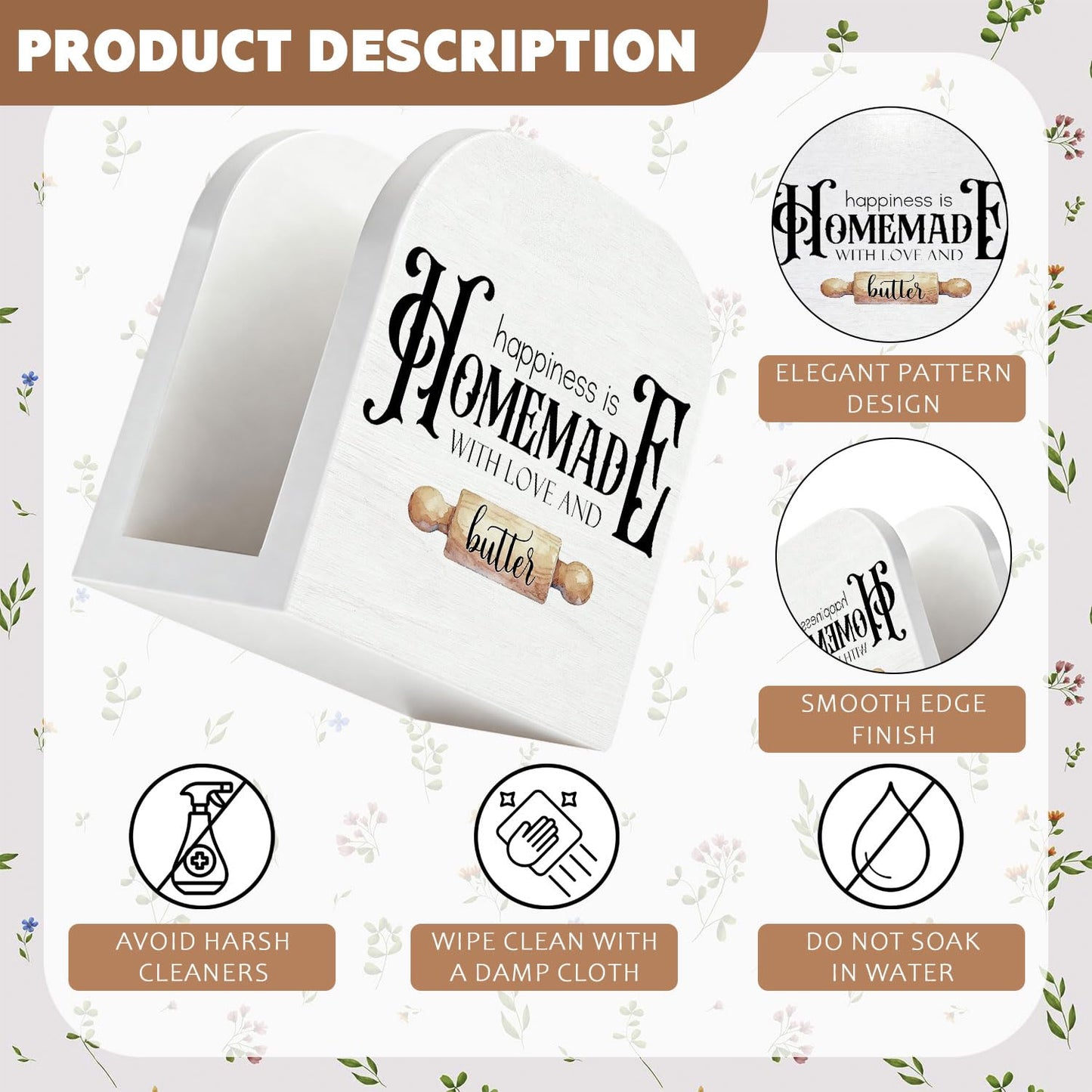 YRDBGHZDF Baking Kitchen Wood Napkin Holder, Happiness Is Homemade with Love and Butter Wooden Standing Napkin Dispenser for Table Kitchen Dining Room Party Bakery Decorations