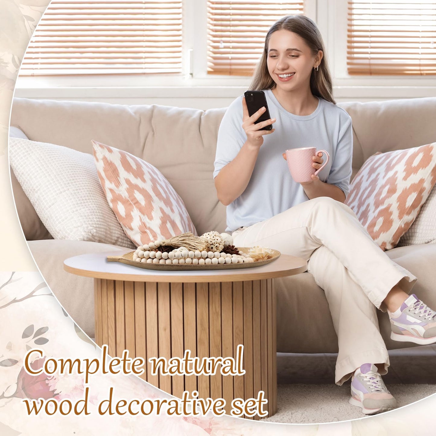 Acellegic 14 Pcs Wooden Centerpiece Table Decorations 16 Inch Leaf Shaped Wood Dough Bowl with Wicker Rattan Balls Beads String Decorative Tray Rustic Vase Bowl Filler for DIY Farmhouse Home (Rustic)