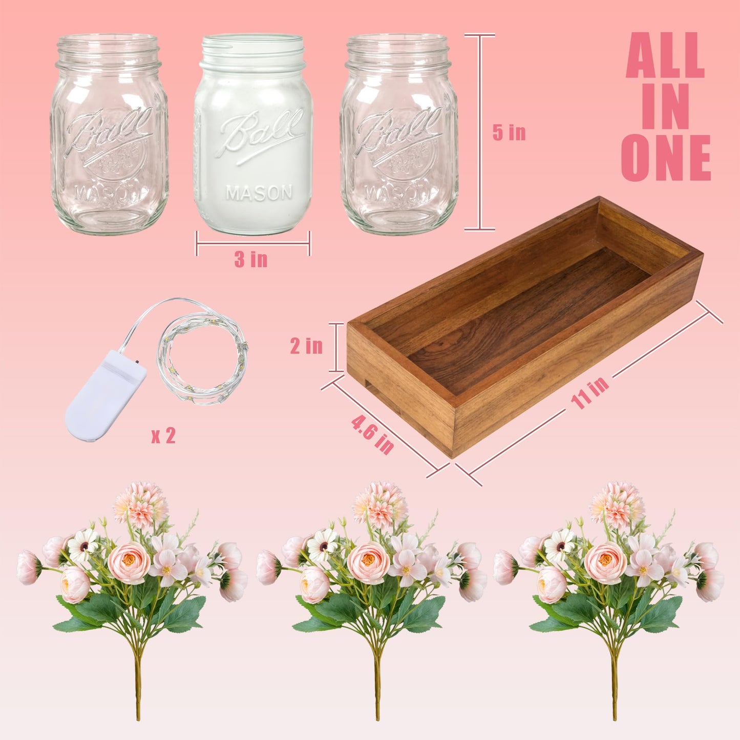 LIOZLIOLY Farmhouse Mason Jar Centerpiece with LED Lights and Artificial Flowers â Rustic Dining Table Decoration with Wooden Tray, Perfect for Kitchen, Living Room, Bathroom, or Coffee Table Decor