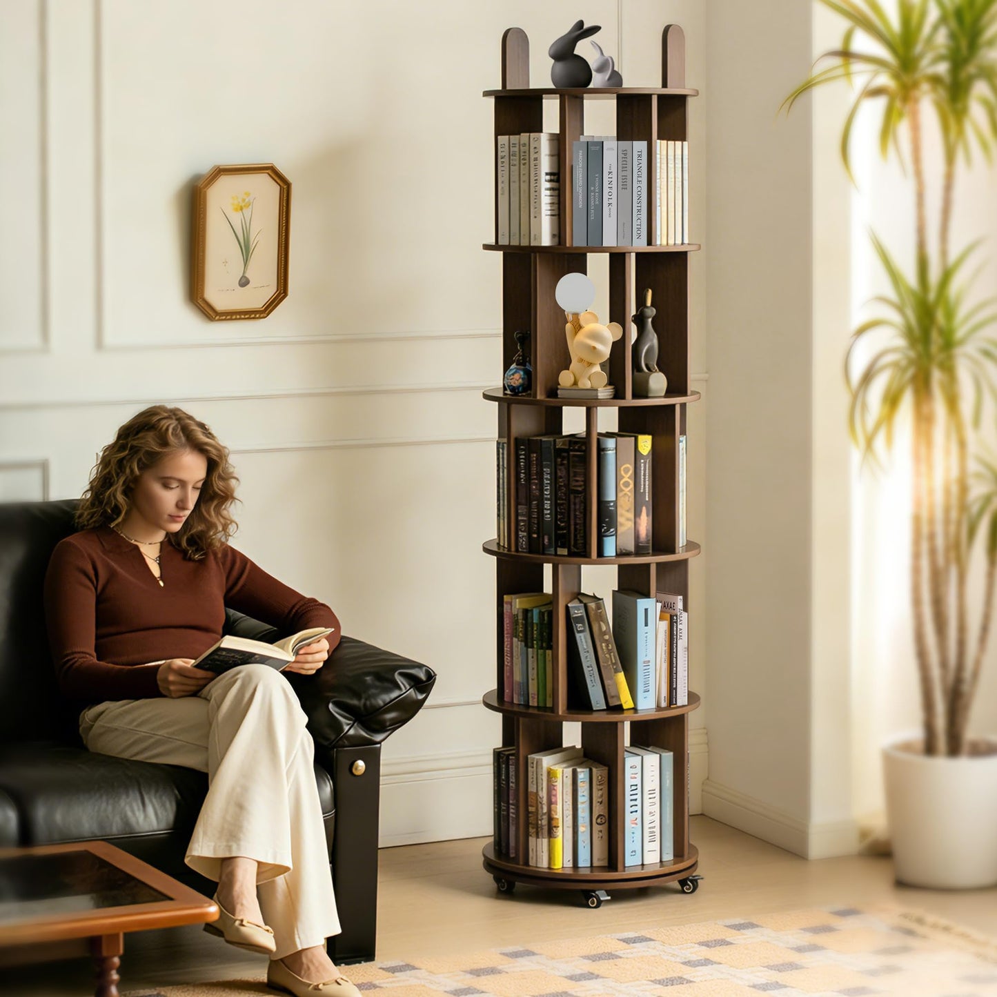 Kryonix Rotating Bookshelf, Solid Wood 5 Tier Spinning Book Shelf Tower, 360° Revolving Bookcase on Wheels, Corner Round Rolling Bookshelves for Small Spaces, Bedroom, Office, Kids Room (Walnut)