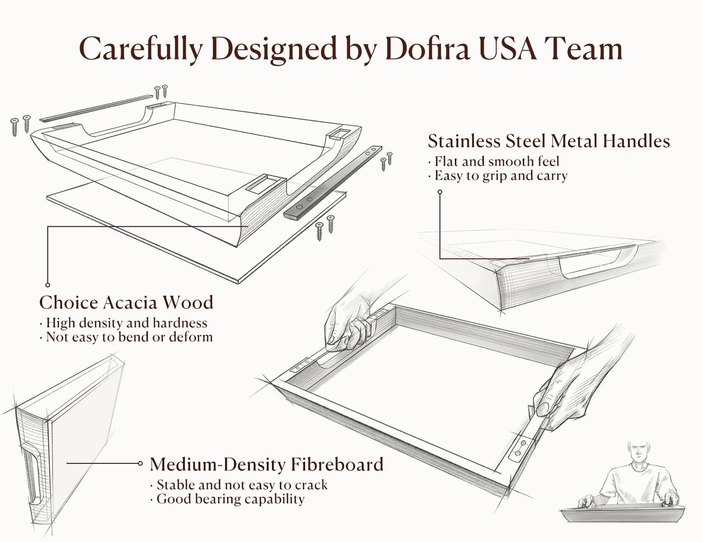 Dofira Acacia Wood Serving Tray with Metal Handles, 17x13in Large Ottoman Tray, Food Drinks Tray for Coffee Table, Breakfast, Dinner & Bar, Rustic Decorative Tray for Kitchen, Bedroom Gift Box