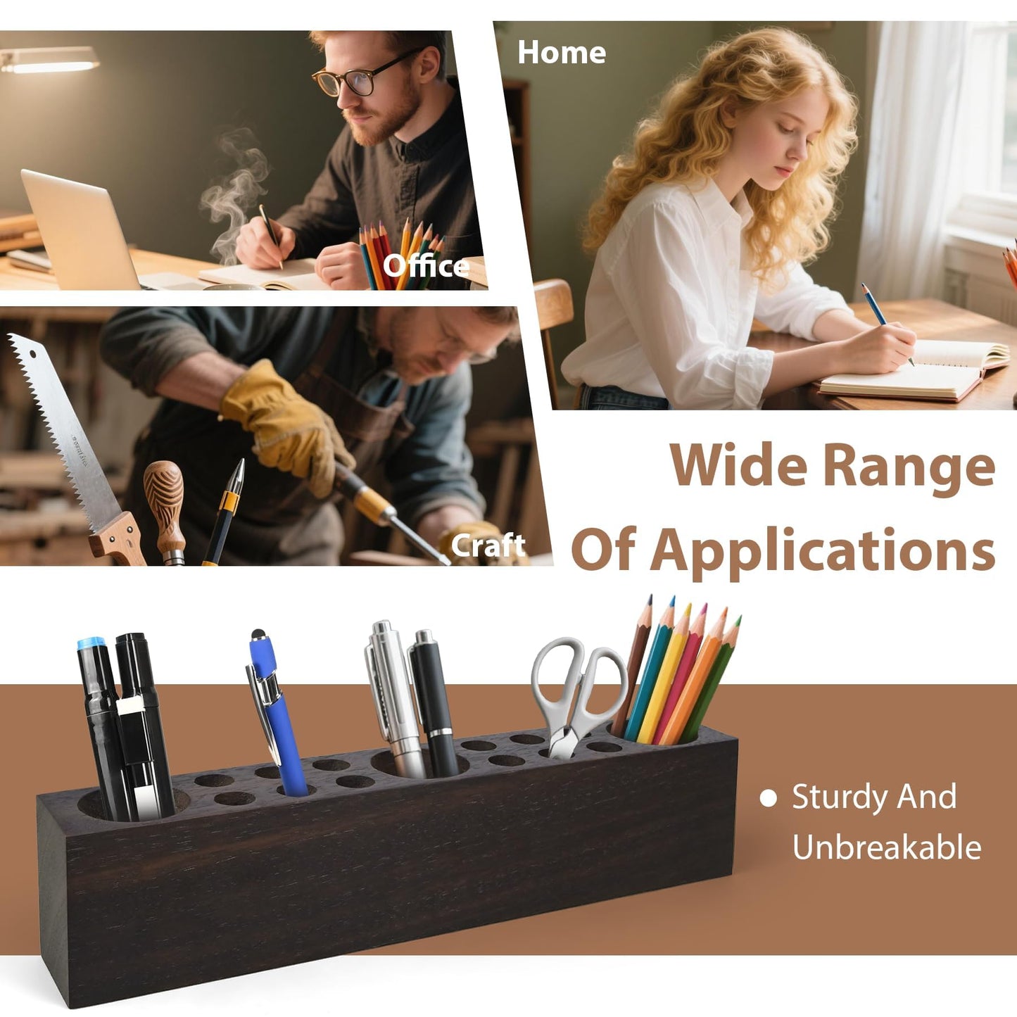 Black Walnut Wooden Pencil Box Wood Pen Holder for Desk Walnut Wooden Office Desk Organizers with 15 Holes for Countertop Pencil Makeup Brush Holder for Table Store Marker Office Supplies
