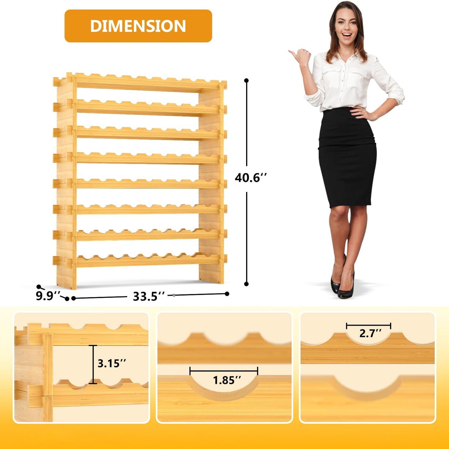 Bambition Bamboo Wine Rack Stackable, 8-Tier 72 Bottles Large Capacity, Modular Wine Storage Rack Free Standing, Floor Wine Display Shelf