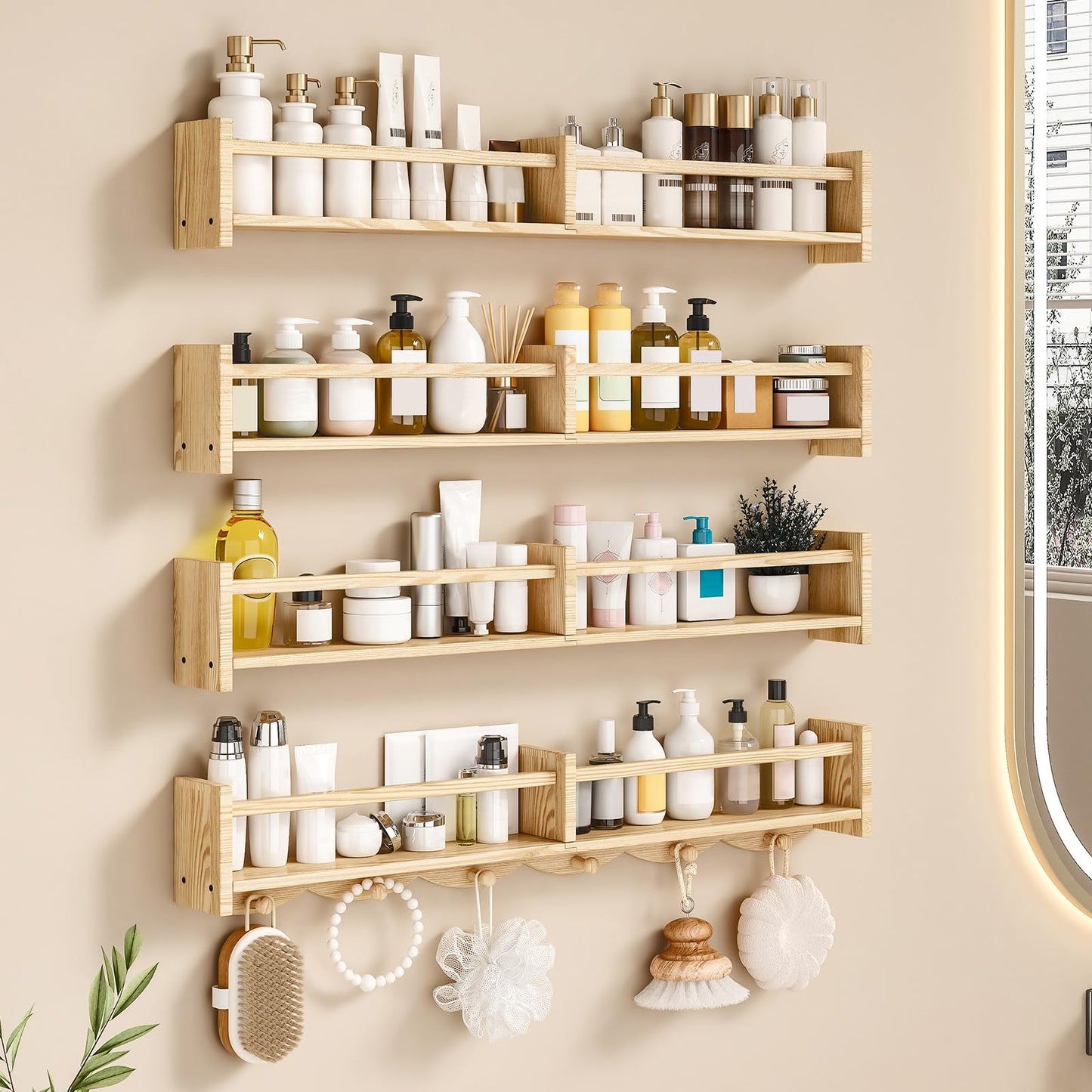 ECOOCE 34Inch Nursery Bookshelves,Set of 4,Wall Floating Shelf Kids Coat Rack with 6Hooks,Hanging Book Shelf for Baby Nursery Room Décor, Patent Number: 29958098(Burlywood, 34)
