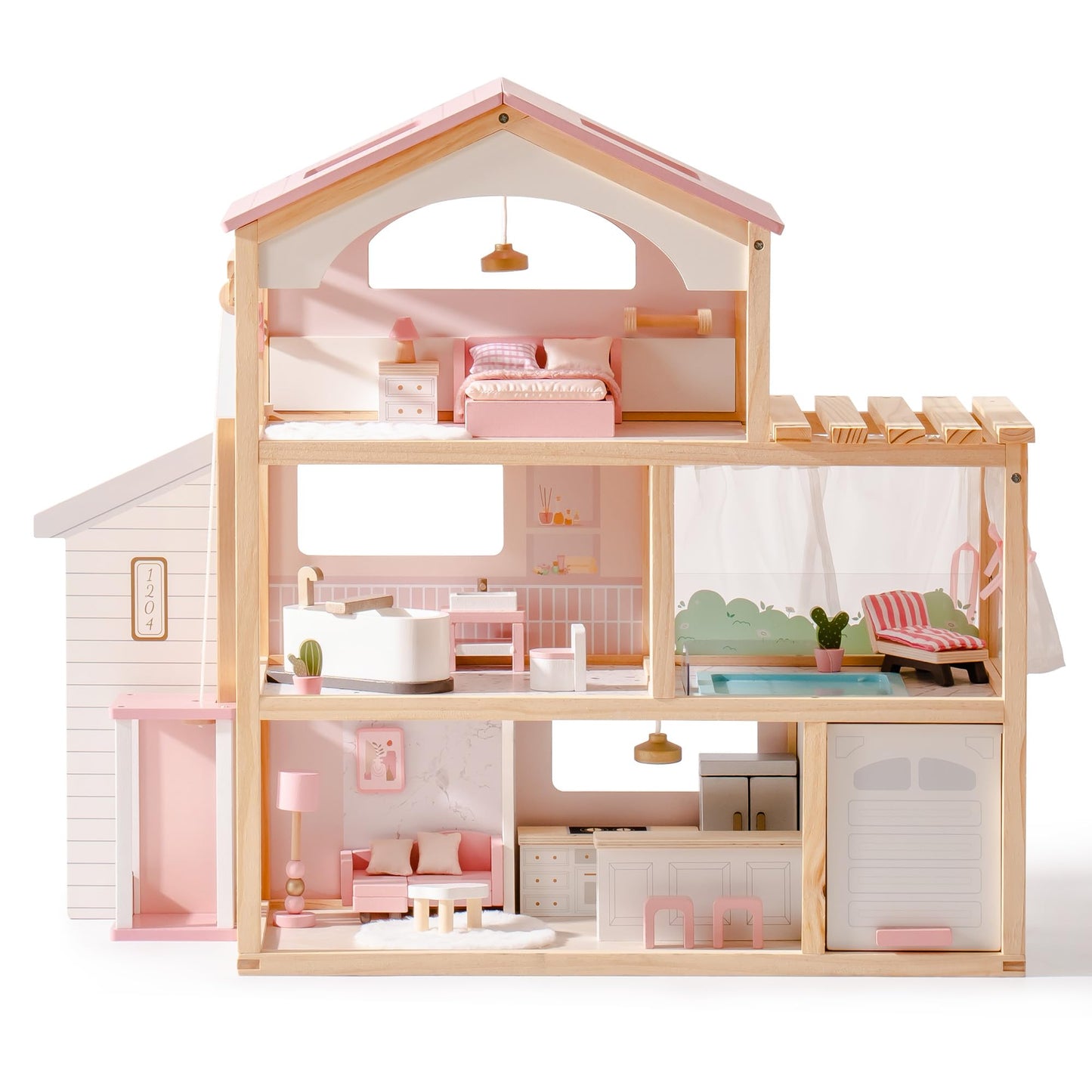 ROBOTIME Wooden Dollhouse, Doll House with 29 Pieces Furniture Set - Pool and Elevator, Wooden Doll House for 4, 5, 6-Inch Dolls, 6 Rooms Pink Dollhouse Gift for Kids Girls Ages 3+ (Pink)