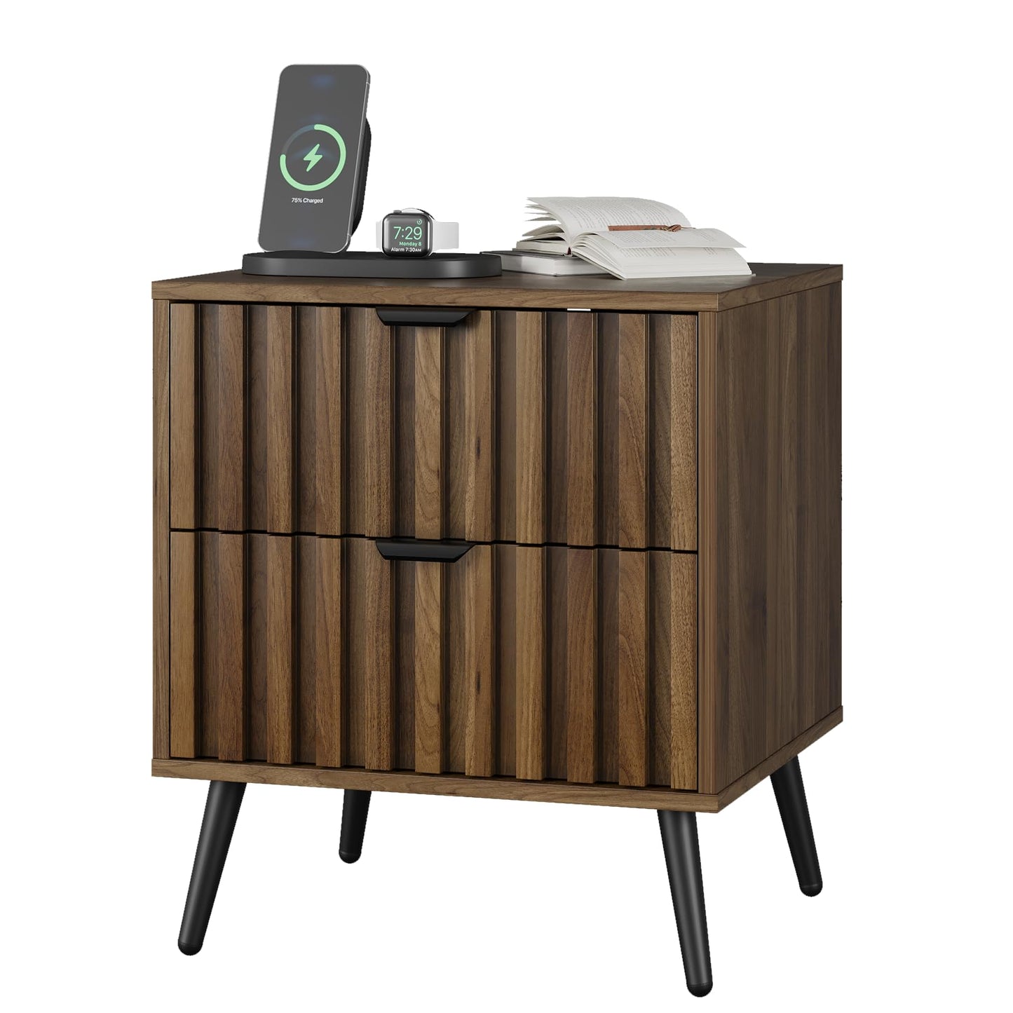 Smuxee Walnut Wooden Night Stand, Mid Century Nightstand with 2 Fluted Drawers, Bedside Table with Open Shelf, Modern End Side Table for Bedroom