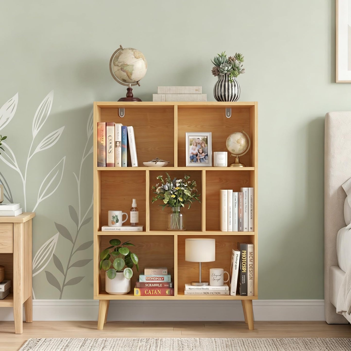 SageNest 7 Cube Bookshelf, 3 Tier Mid-Century Modern Bookcase with Wooden Legs, Heavy Duty Cubby Storage Organizer Display Shelf for Living Room, Bedroom & Office, Deep Natural