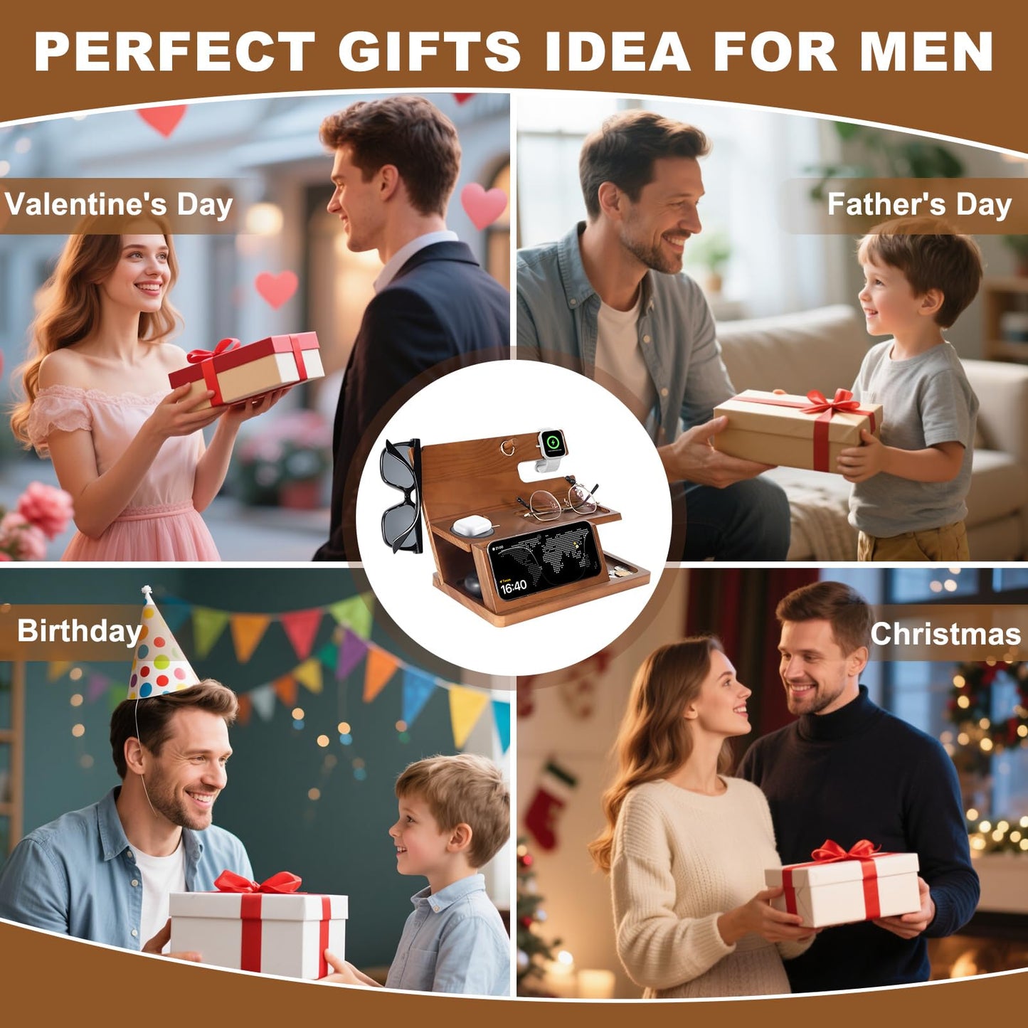 Gifts for Men 3-in-1 Charging Stand Compatible with iPhone 16 Charger Station, Nightstand Organizer Wood, Fathers Day Perfect for Dad Husband Boyfriend Son, for iPhone 16/15/14/13/12 Max Plus, Watch