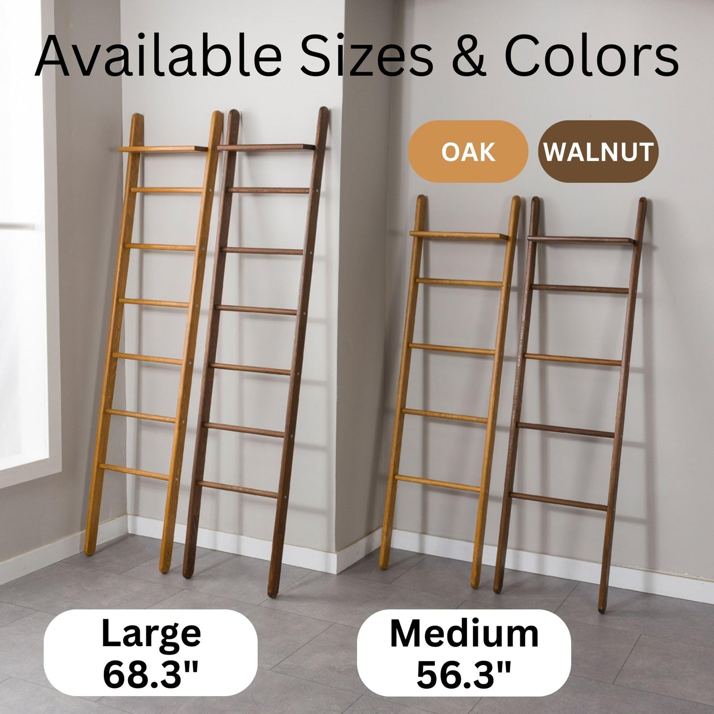 FURNIREM Solid Pine Wood Blanket Ladder for Living Room Bathroom Organizer Shelves, 7-Tier 5-Tier Freestanding Shelf, Freestanding Towel Rack Extra Storage, Wall-Leaning (Walnut, Medium)