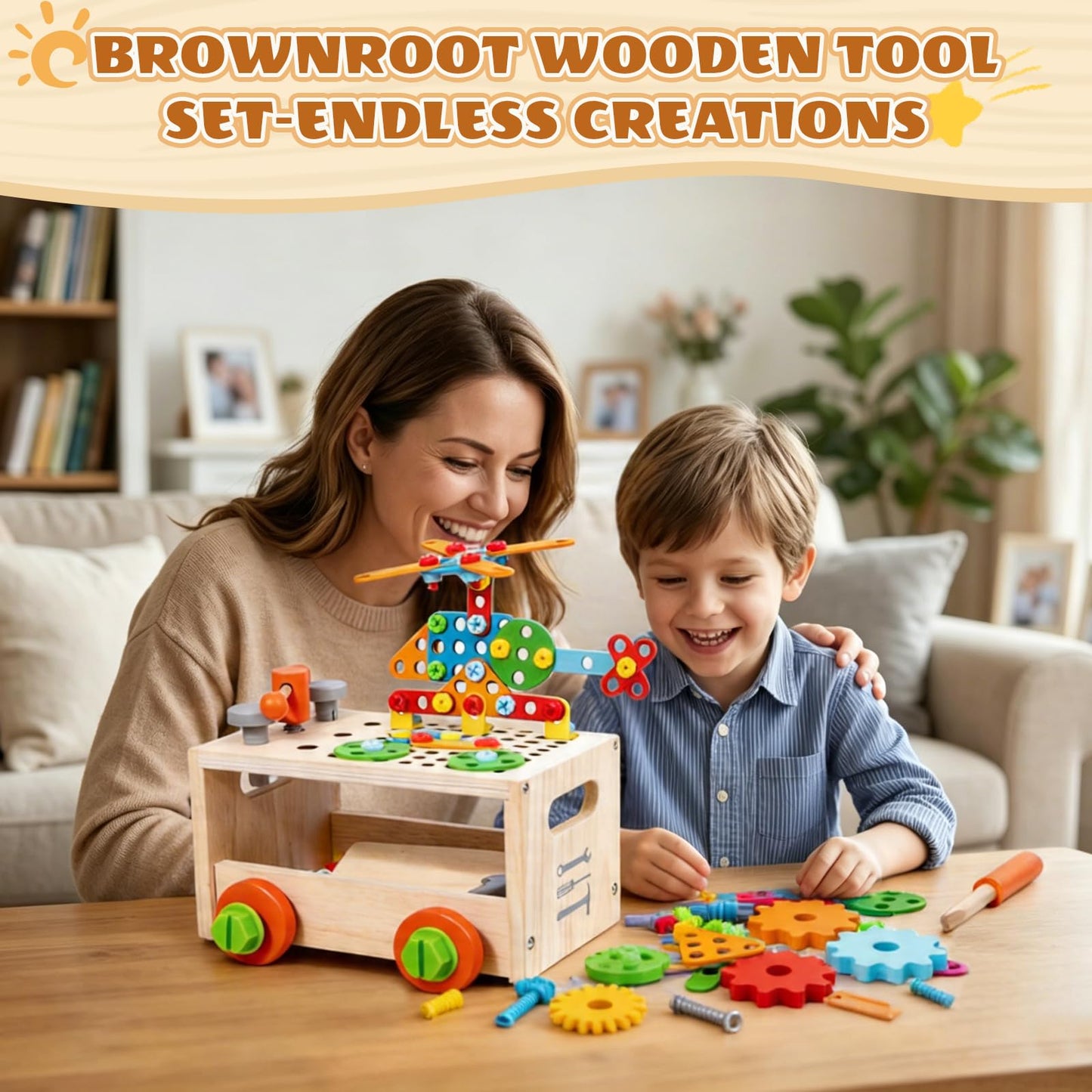 Brownroot Kids Wooden Tool Set, Toddler Workbench with Toy Drill & Storage Cart, STEM Construction Building Toys, Montessori Gift for Boys Girls 3-6