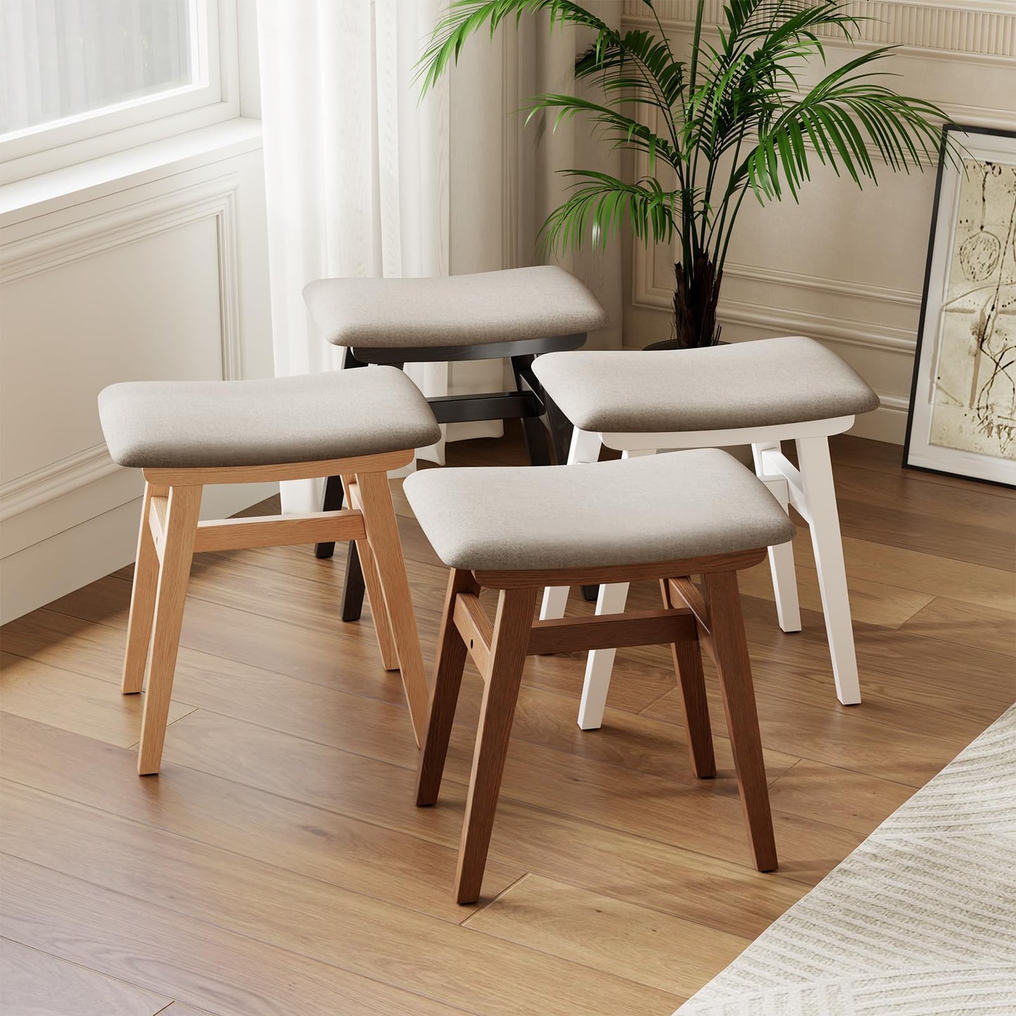 DONGMUWUJEE Solid Wood Small Vanity Stool Chair, Makeup Stools for Vanity Desk, Bathroom Vanity Chair, Padded Foot Stool for Living Room, Ottoman Foot Rest for Couch, Small Bench for Entryway, Natural