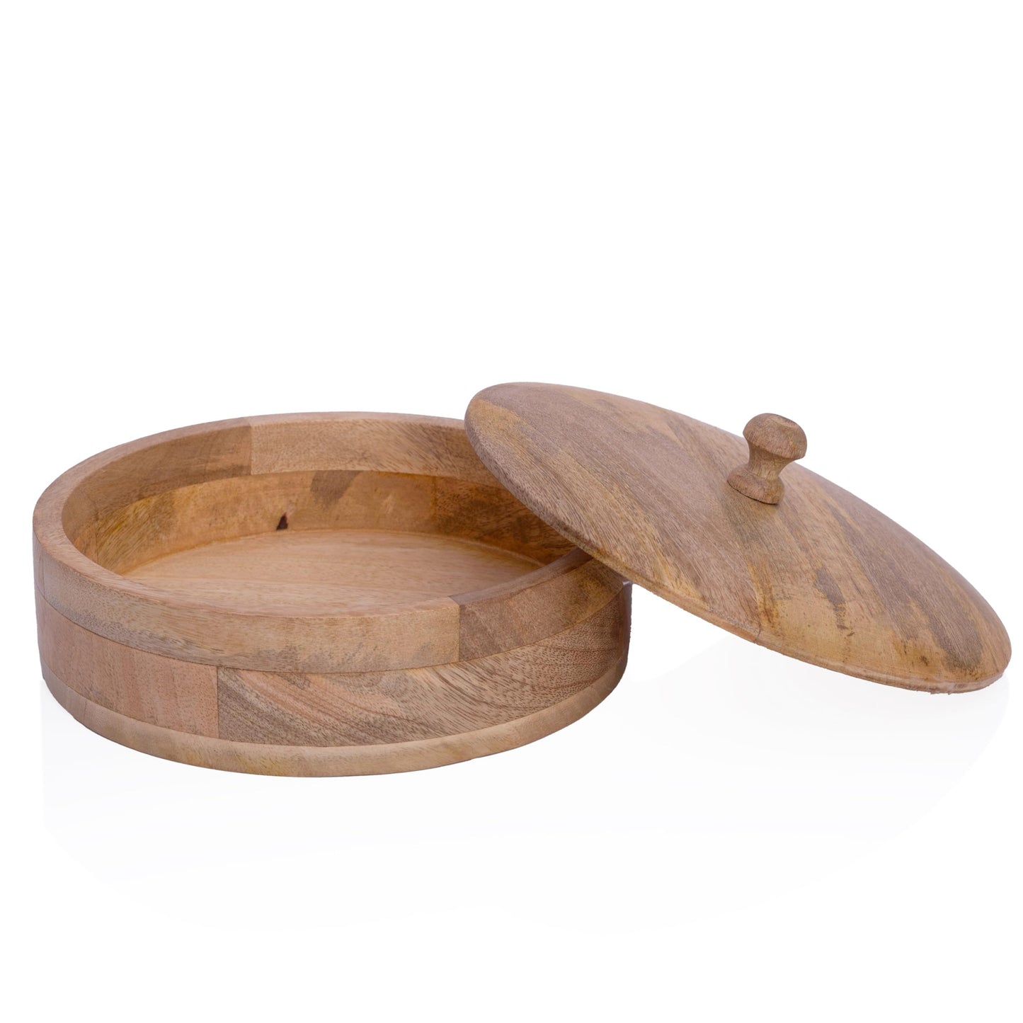 Handcrafted Wooden Mexican Tortilla Warmer Basket Indian Chapati Roti Bread Holder Box Pancake Keeper Serveware Hot Pot Casserole Dish With Lid Home Kitchen Dining Decor, Natural Brown, 9 x 3 Inches