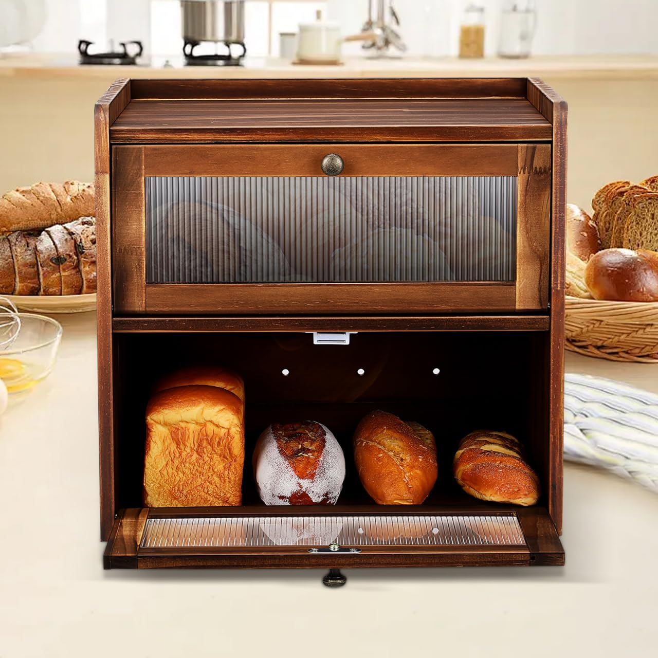 UKCOCO Wooden Bread Box 2 Layer Bread Box for Kitchen Counter Rustic Keeper with Ventilation Holes Magnetic Closure Front Windows Countertop Storage Organizer Brown