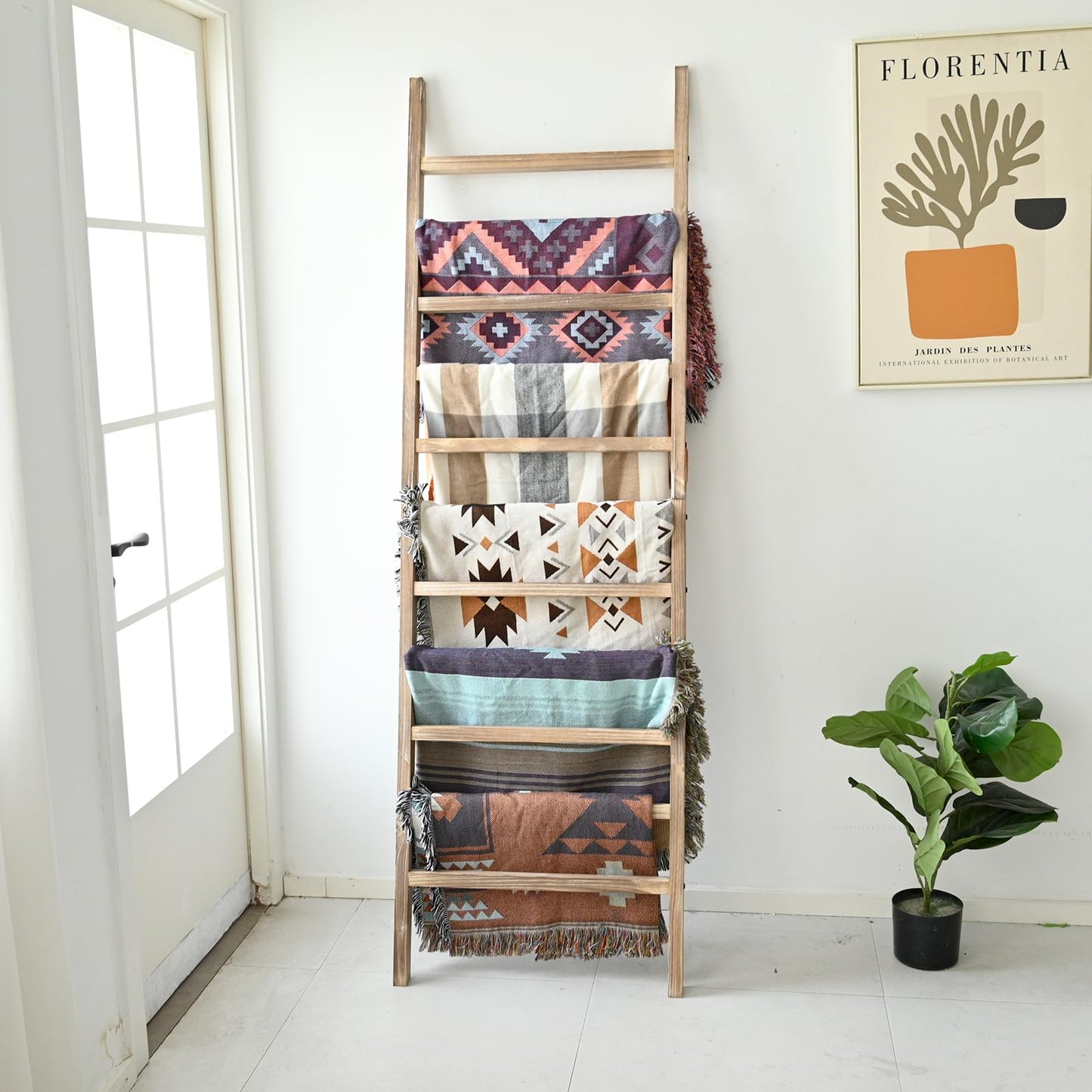 FUIN 6.4ft Extra Wide Wooden Blanket Ladder Living Room Decorative Wal Leaning Farmhouse Quilt Display Holder Rustic Wood Towel Rack for Bathroom, Burnt Brown, 24 inch Wide with 11 Rungs