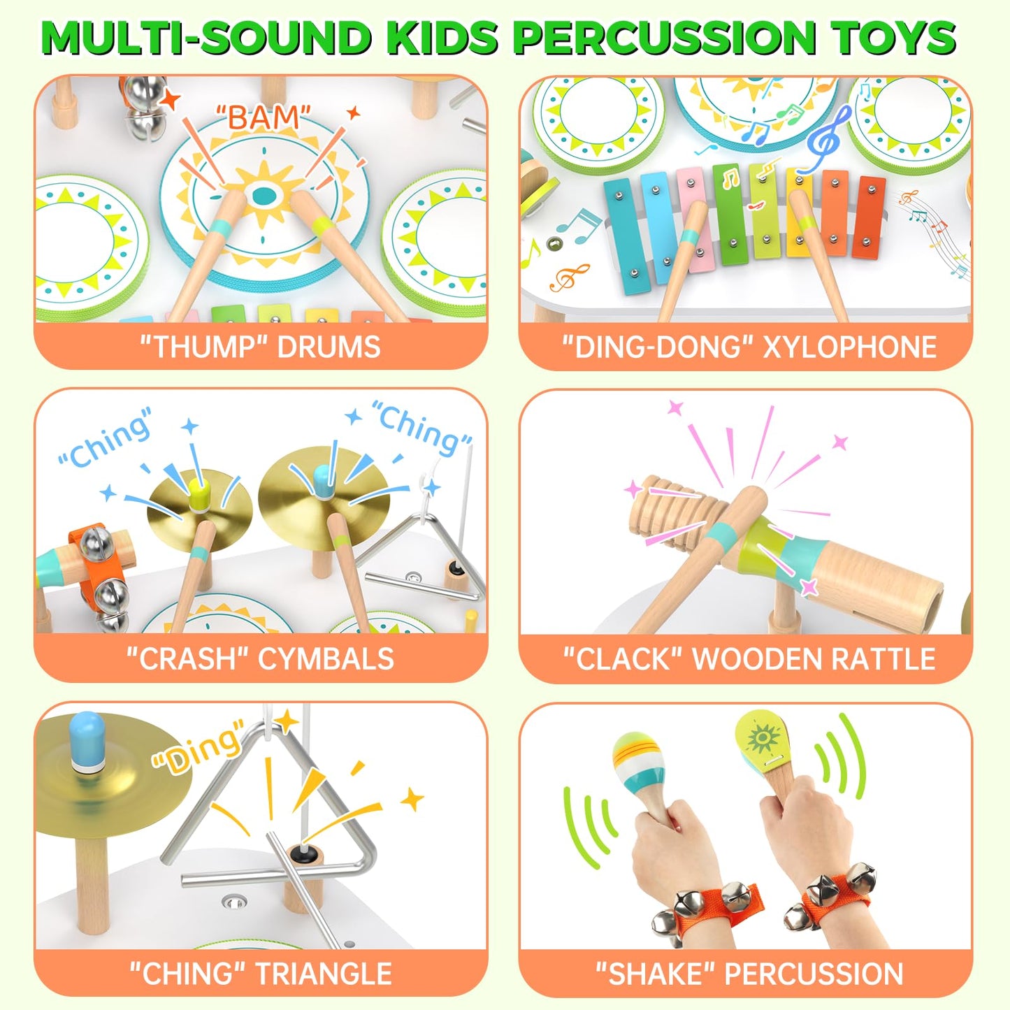 12-in-1 Drum Set for Toddlers 1-3, Wooden Baby Musical Instruments