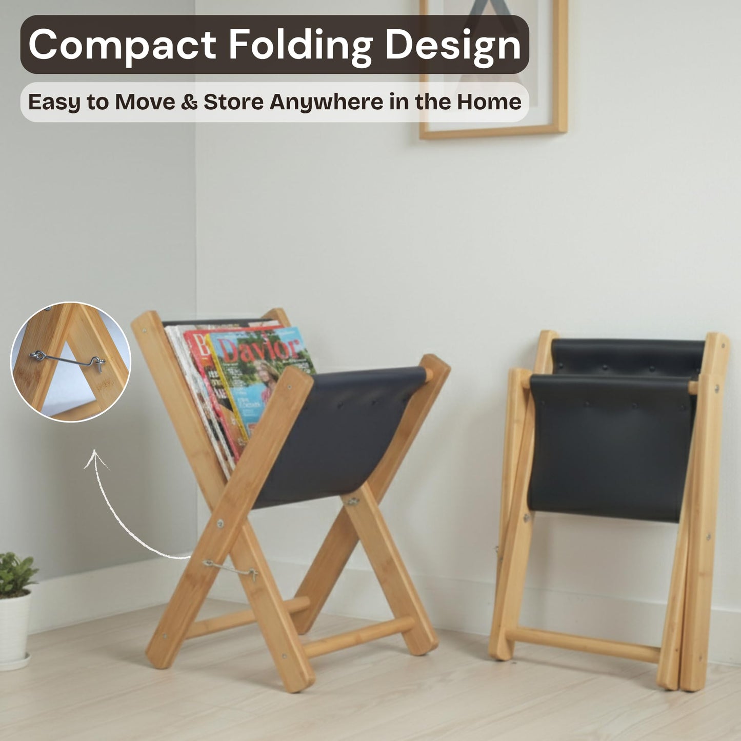 Craftilux Premium Leather Magazine Holder - Wooden Magazine Rack Floor Standing - Brochure Holder and Book Display Stand - Modern Magazine File Holder & Newspaper Rack for Home, Bathroom, Office Decor