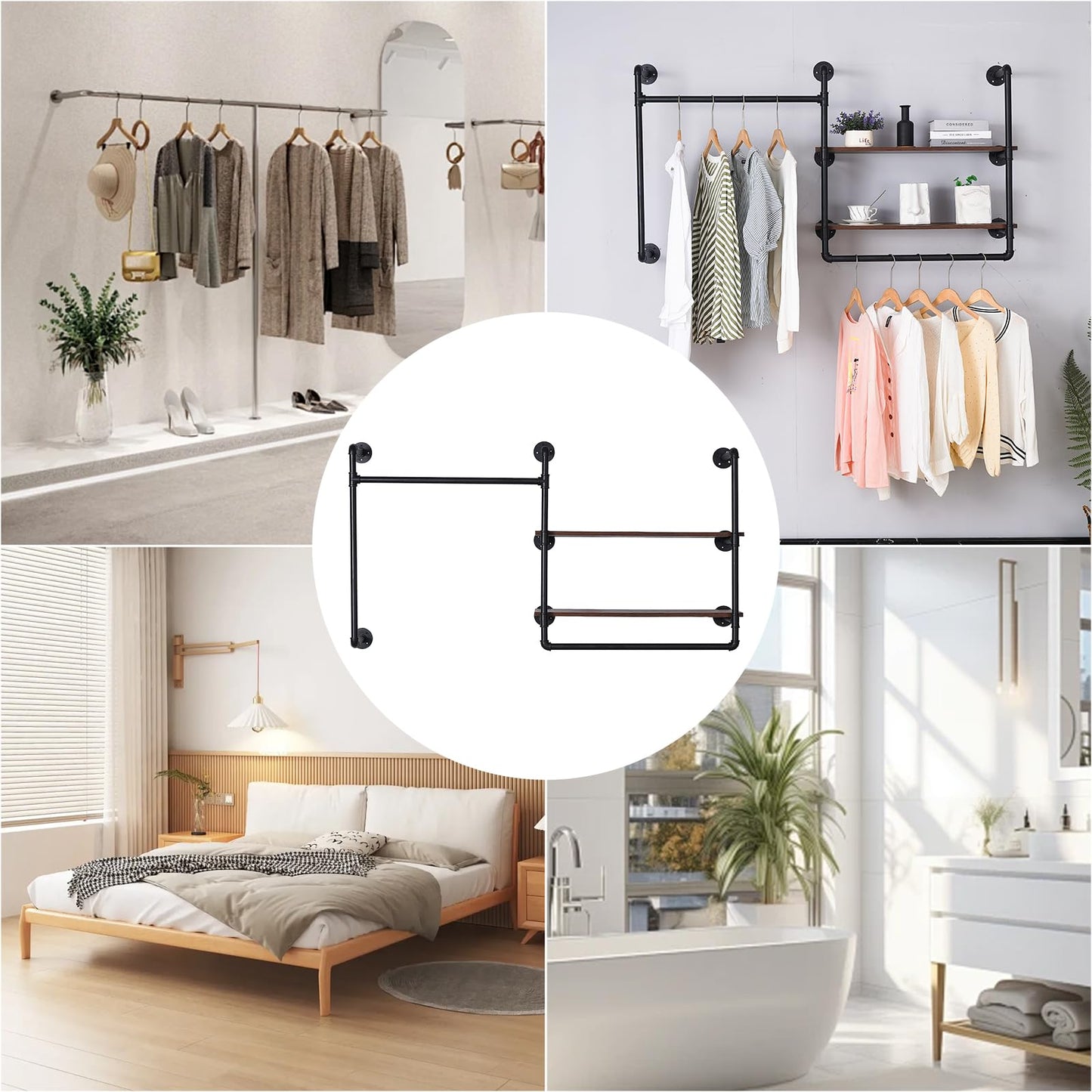 EDCB Industrial Pipe Wall-Mounted Clothing Rack with 2 Wood Shelves - Heavy Duty Double Rod Metal Garment Organizer for Bedroom/Retail Stores, Black (30H×12.5D×59W inch)